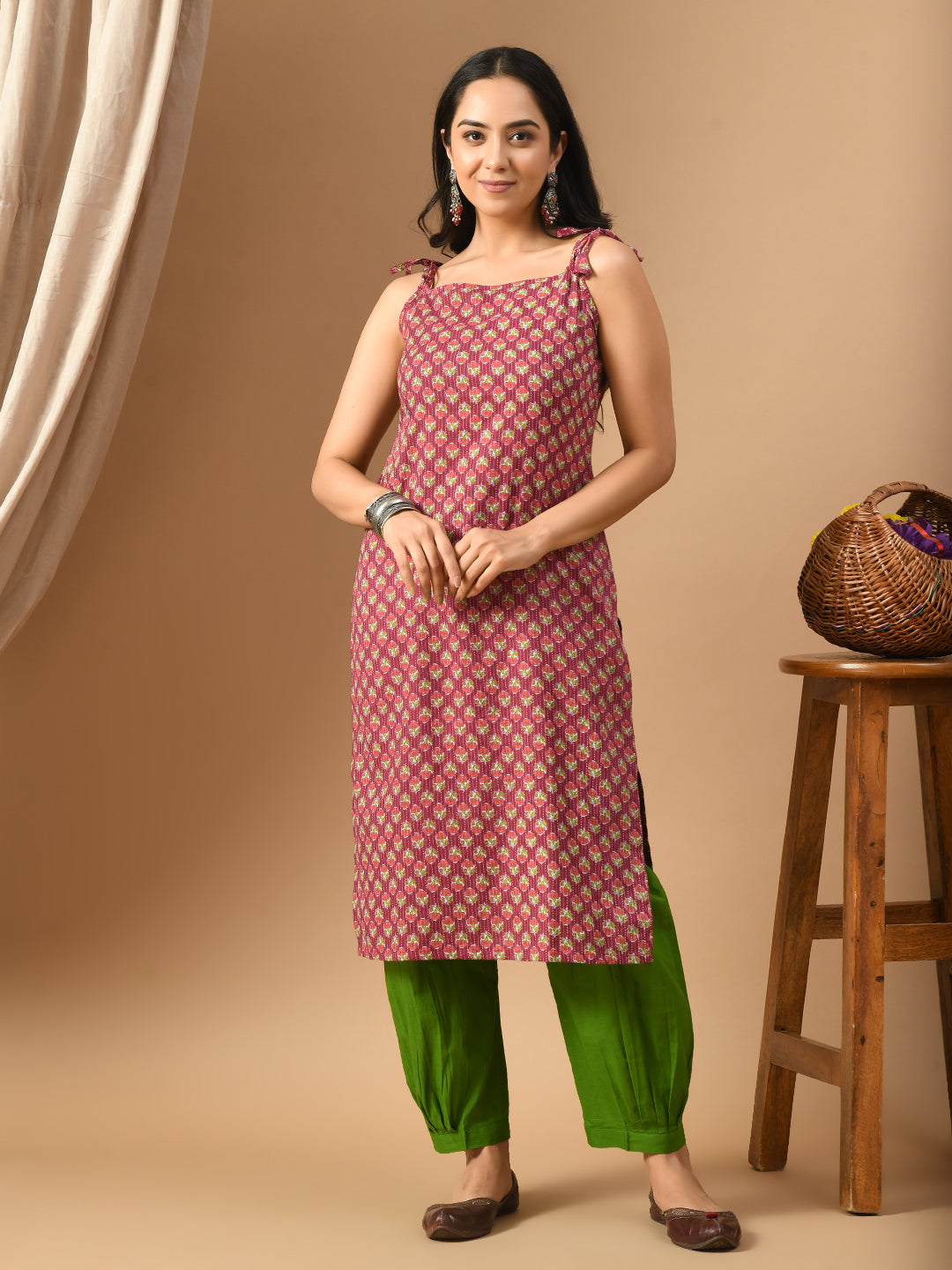 Pure Cotton Wine kantha peach booti kurta with straps