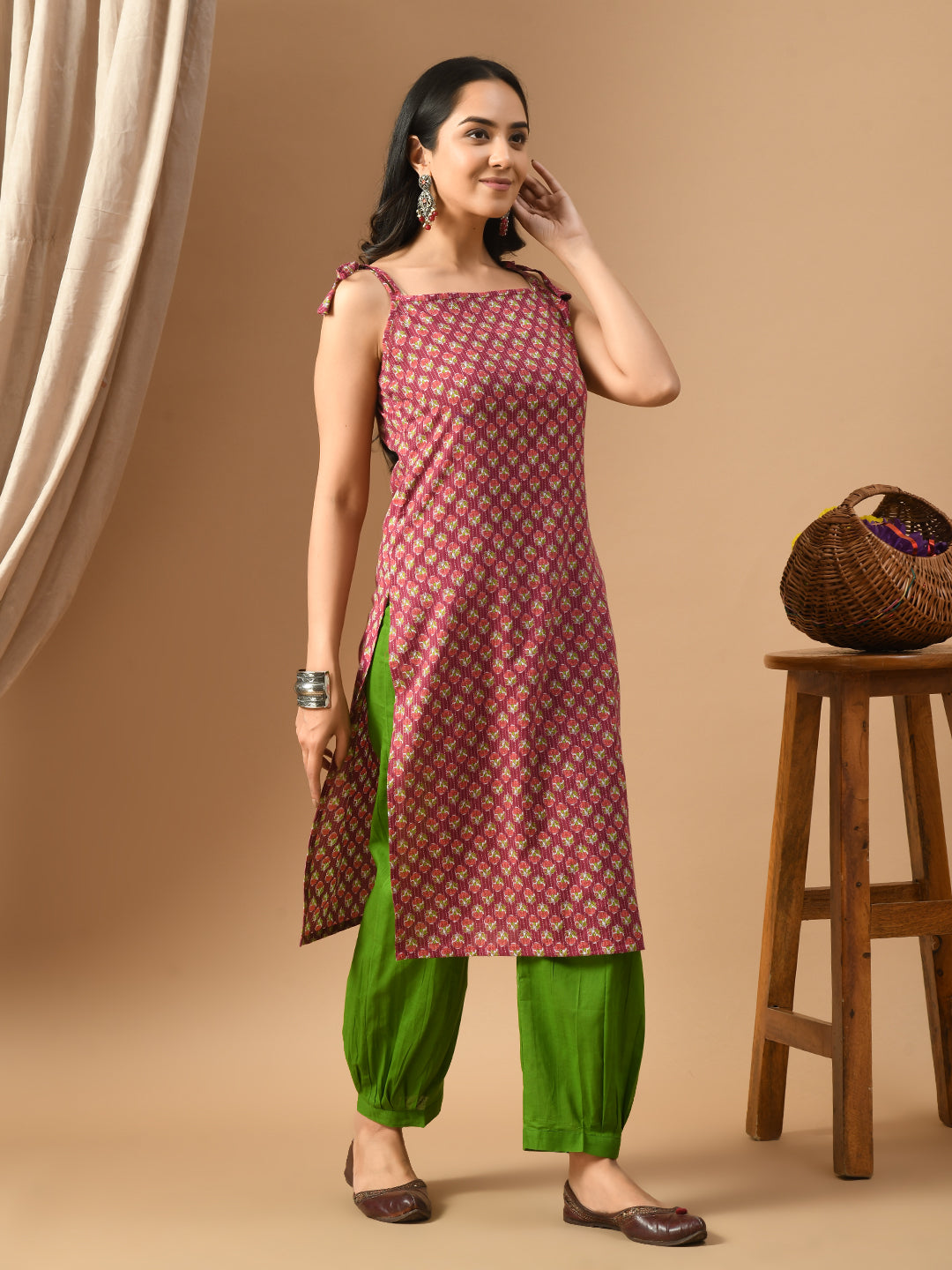 Pure Cotton Wine kantha peach booti kurta with straps