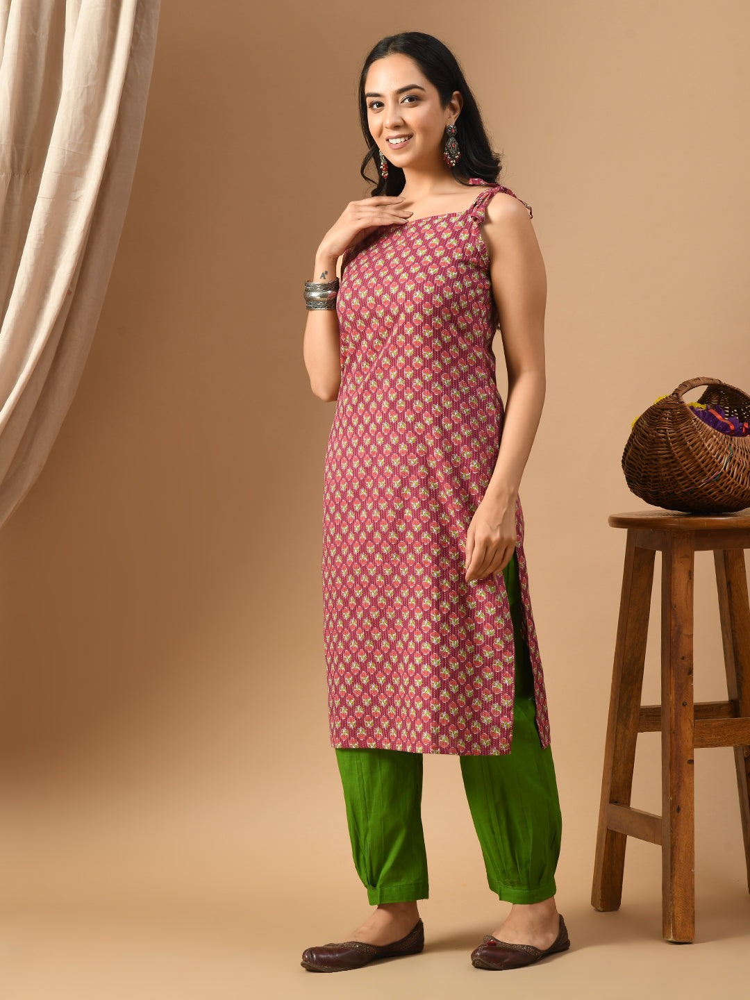 Pure Cotton Wine kantha peach booti kurta with straps