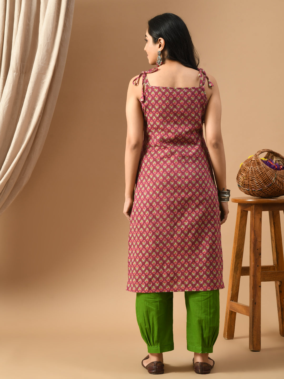 Pure Cotton Wine kantha peach booti kurta with straps