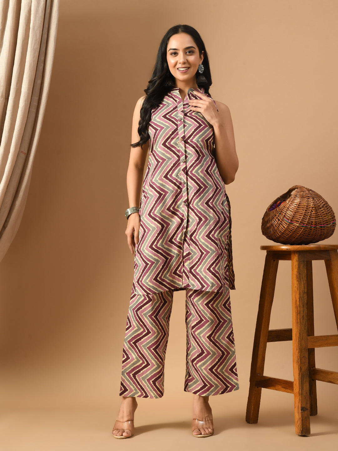 Pure Cotton Wine zig zag Co-ord set