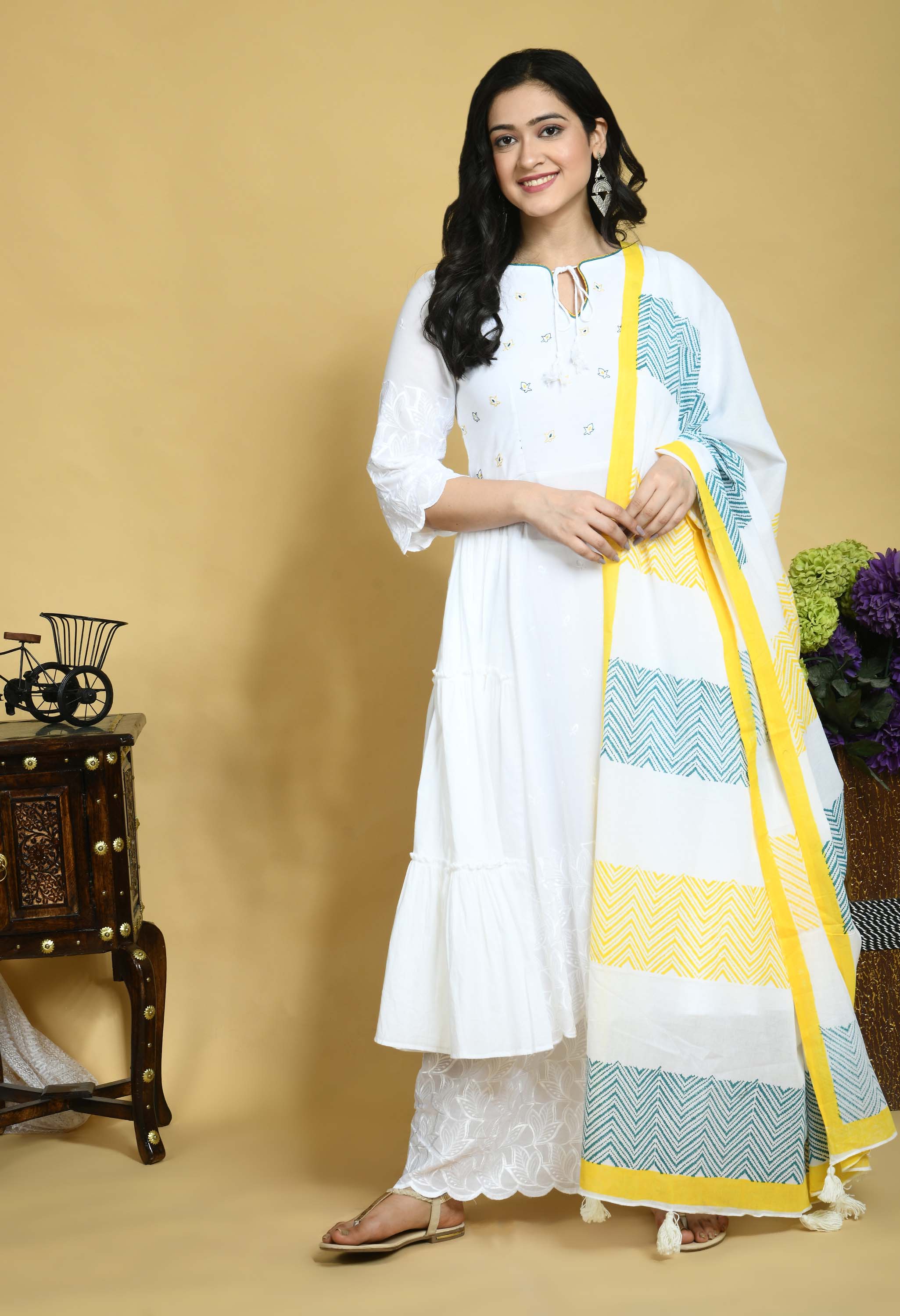 White-Coloured  yoke Embroidered Teal Blue & Yellow side frills Kurta with Palazzo and dupatta