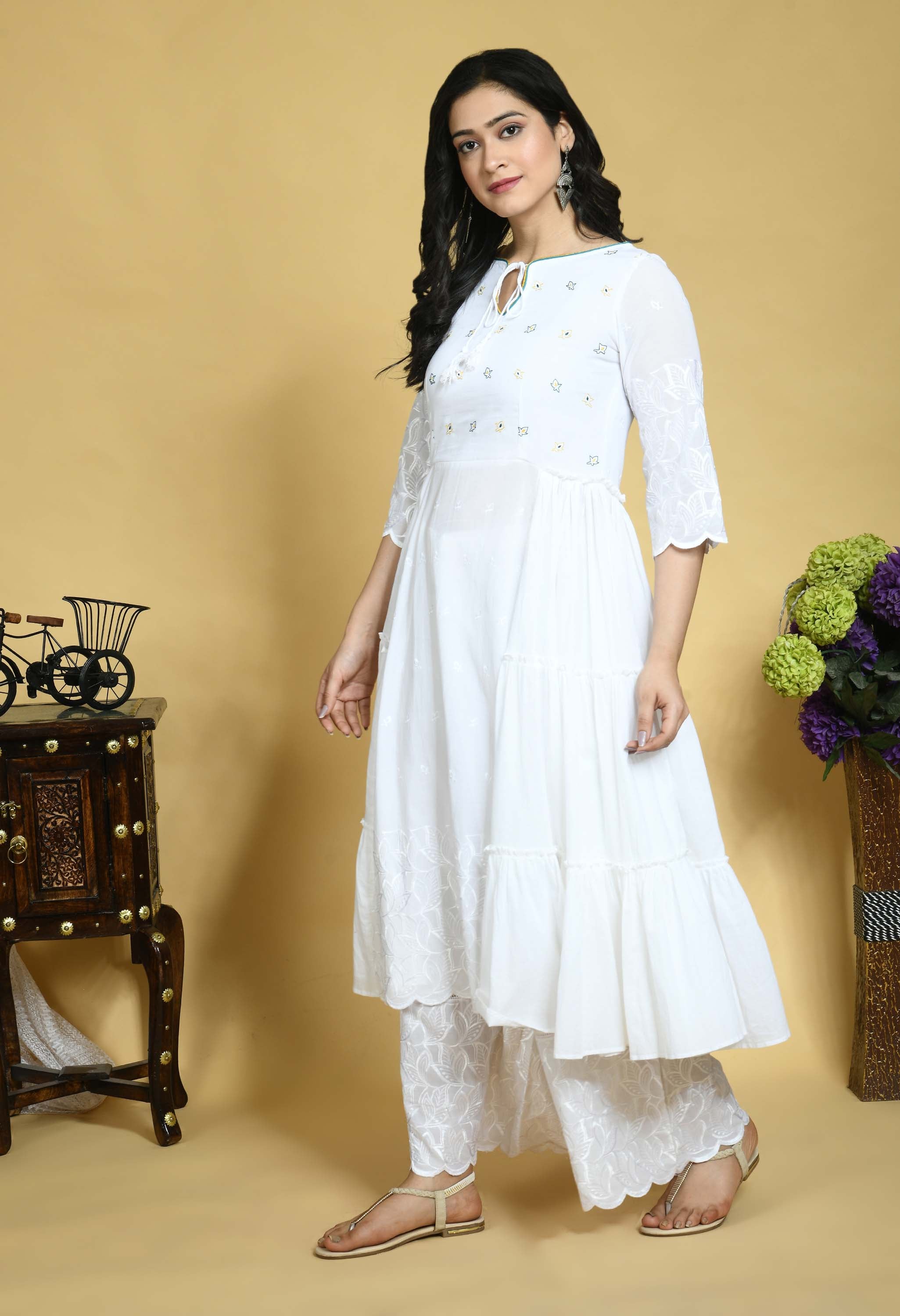 White-Coloured  yoke Embroidered Teal Blue & Yellow side frills Kurta with Palazzo and dupatta