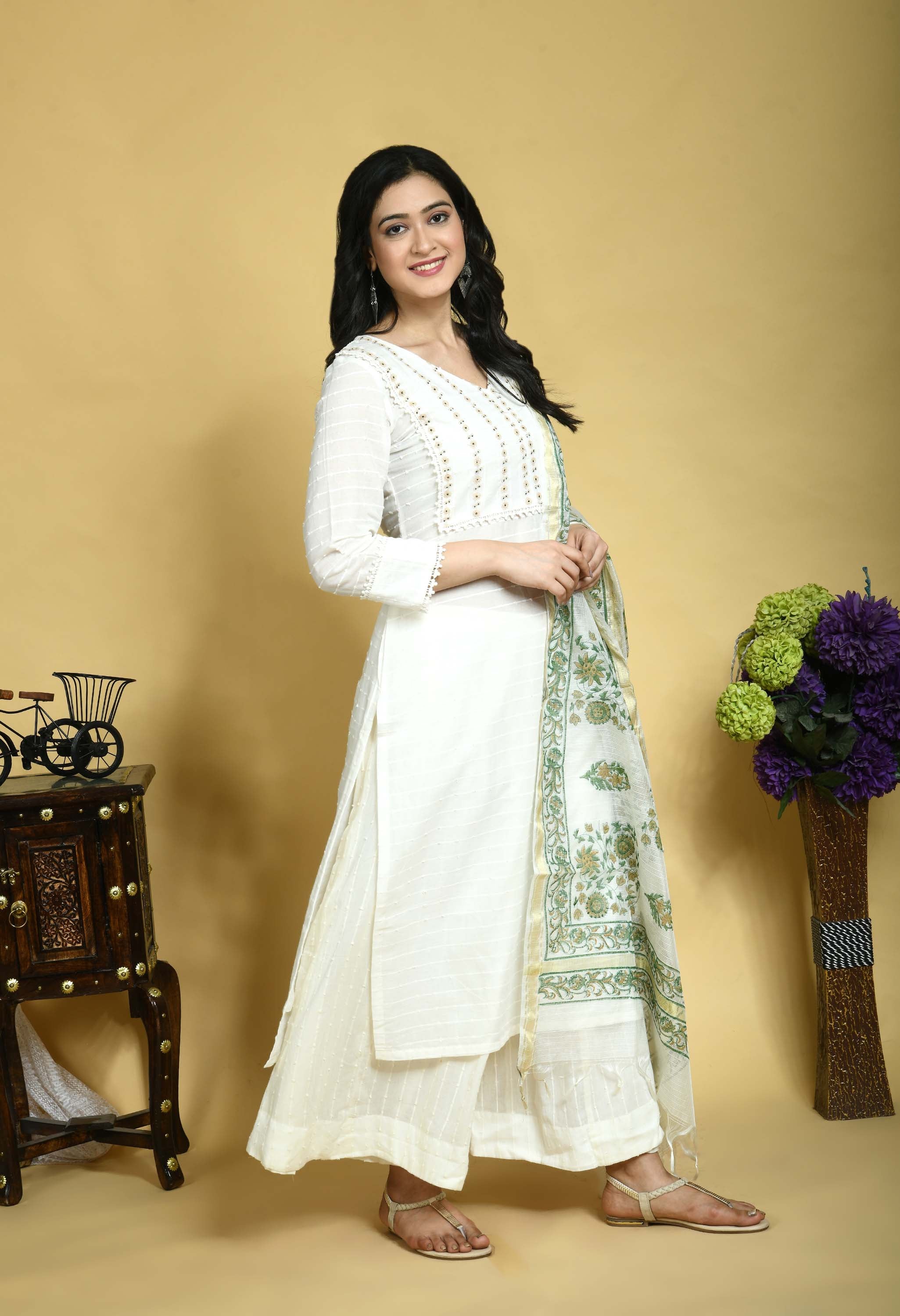 Yoke Embroidered Kurta Set with hand block printed Chanderi Dupatta Set