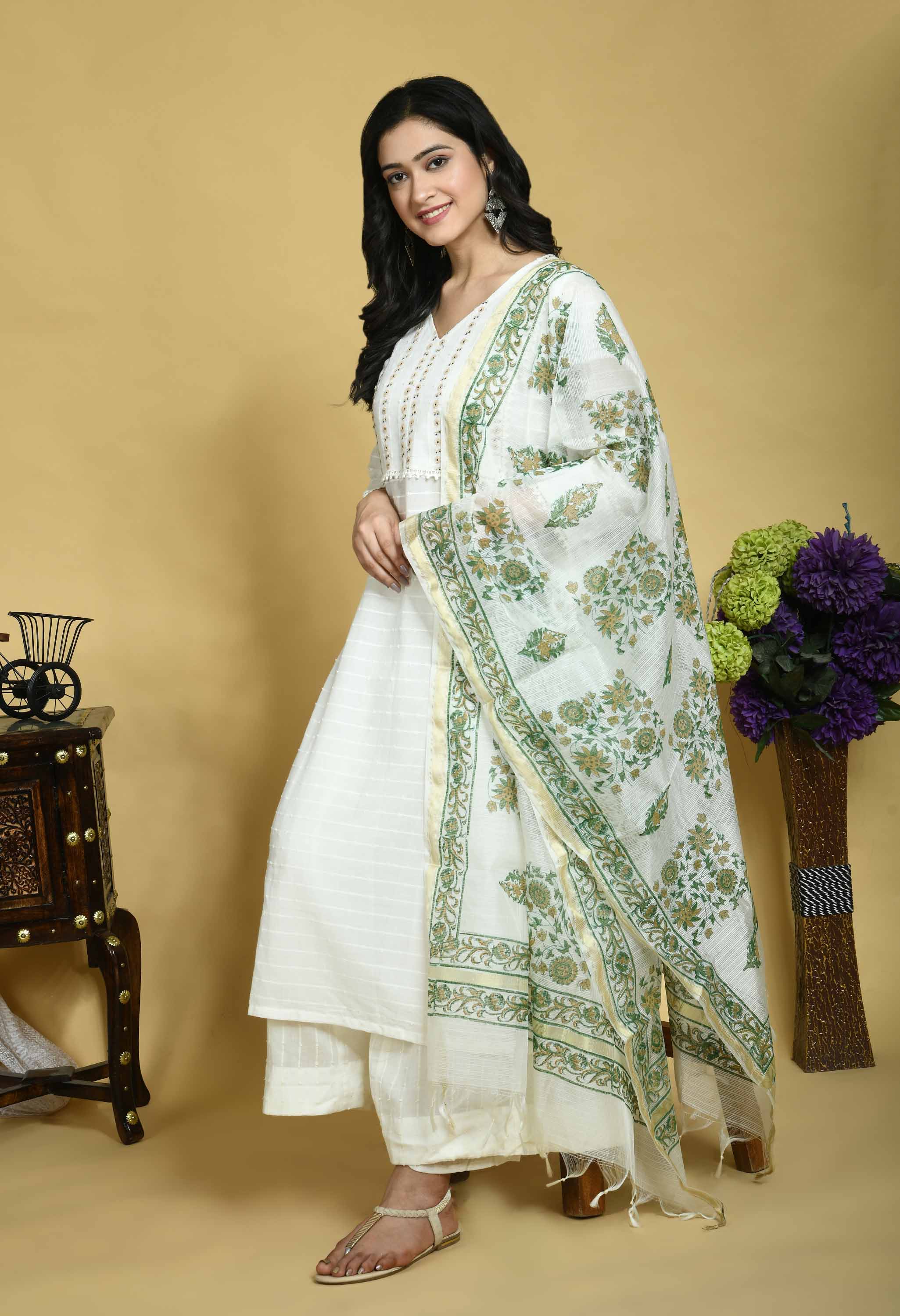 Yoke Embroidered Kurta Set with hand block printed Chanderi Dupatta Set