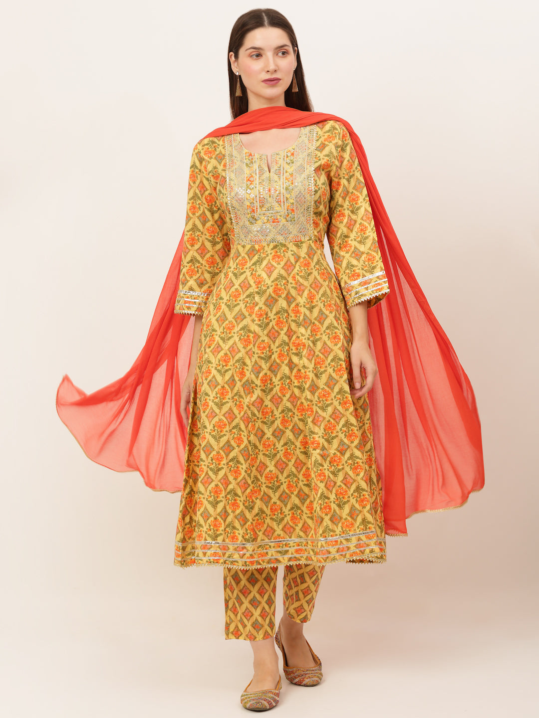 Women Yellow Floral Printed Pure Cotton Anarkali Kurta with Trousers & With Dupatta