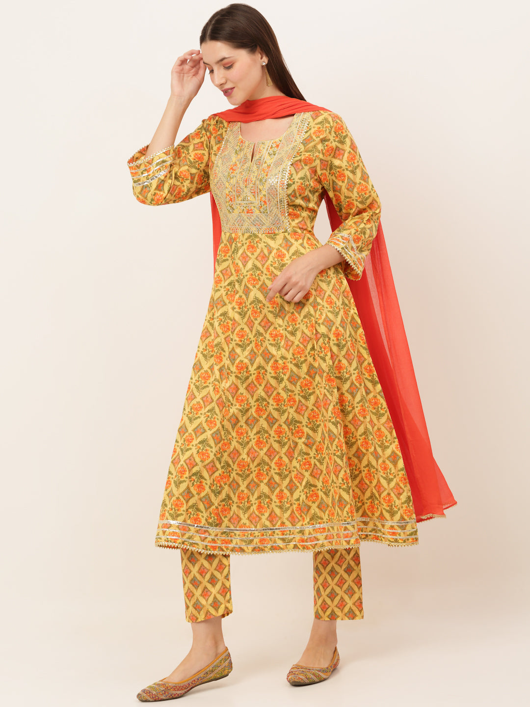 Women Yellow Floral Printed Pure Cotton Anarkali Kurta with Trousers & With Dupatta