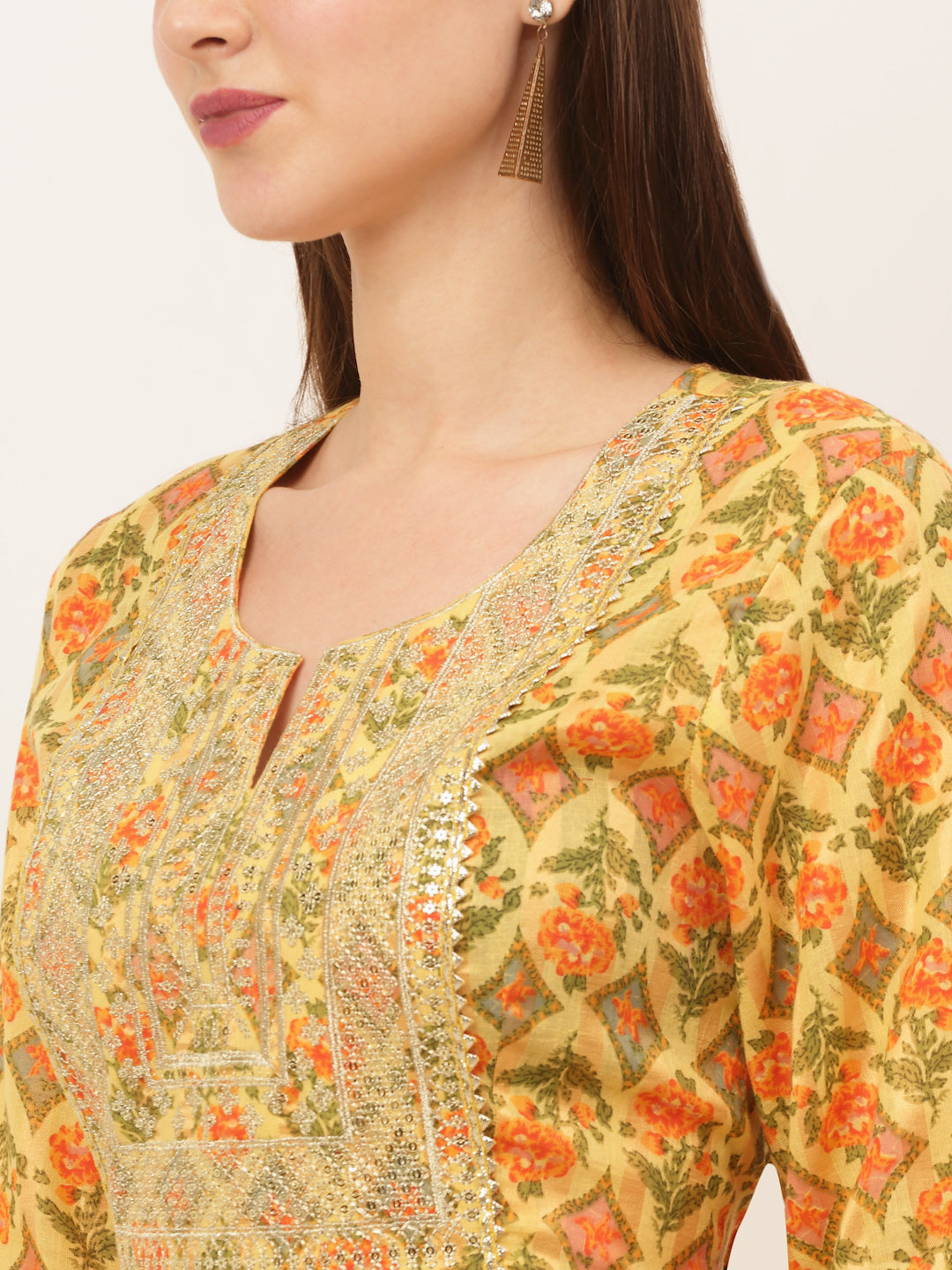 Women Yellow Floral Printed Pure Cotton Anarkali Kurta with Trousers & With Dupatta