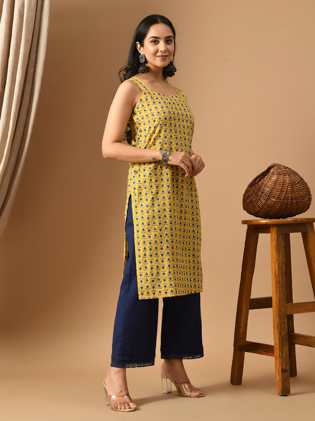 Pure Cotton yellow printed sleeveless kurta