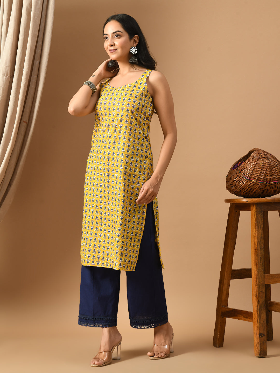 Pure Cotton yellow printed sleeveless kurta