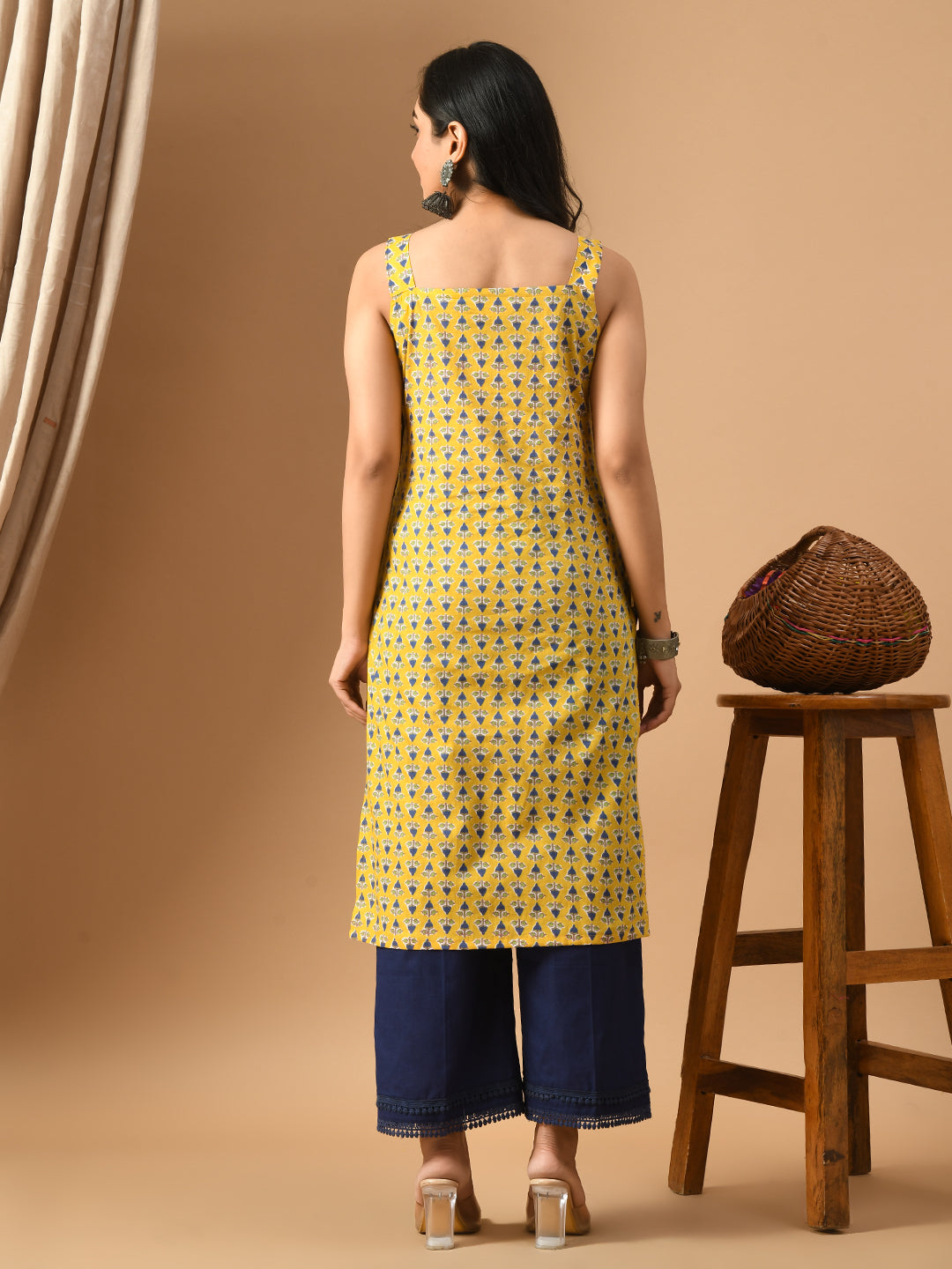 Pure Cotton yellow printed sleeveless kurta