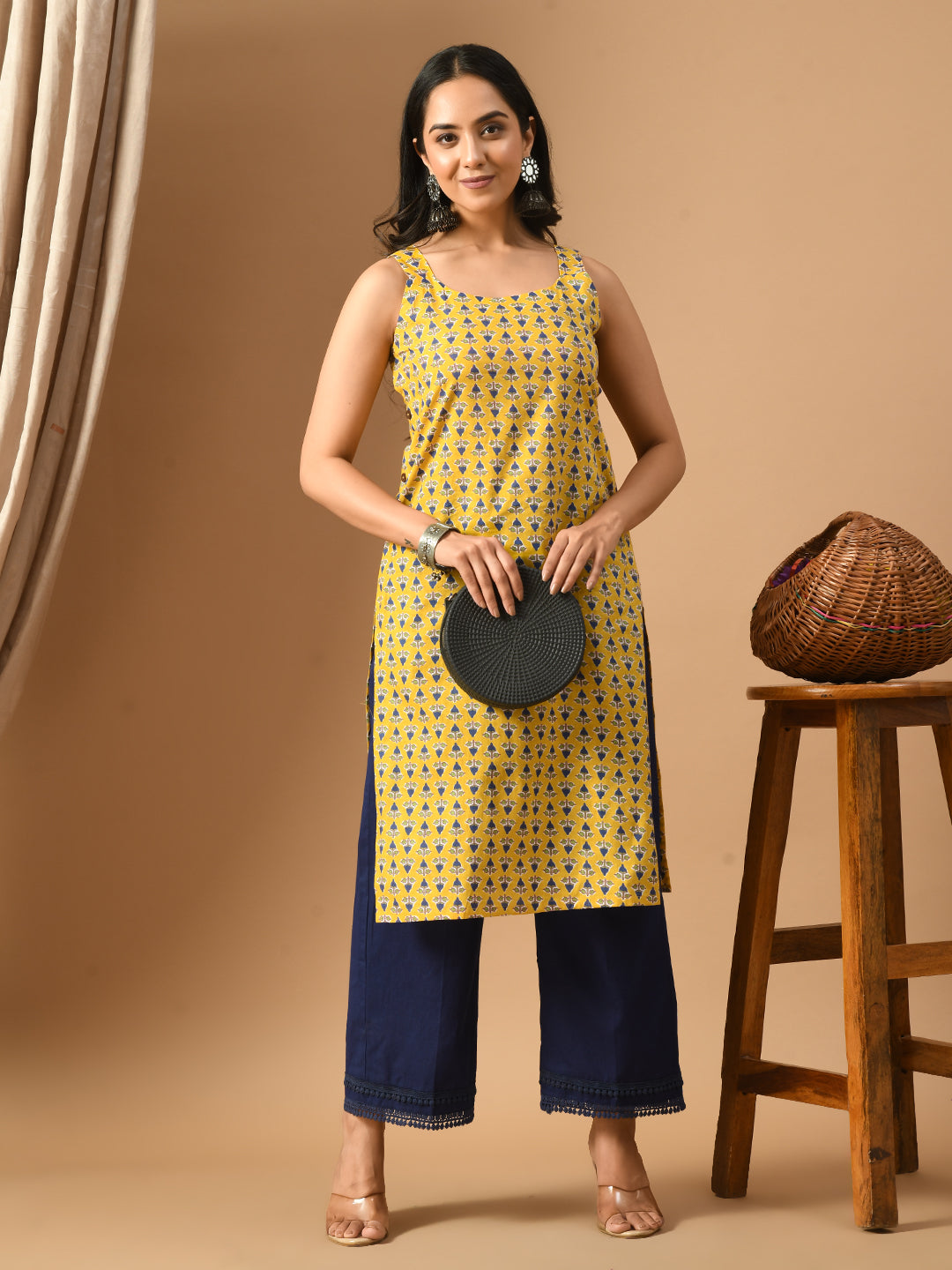 Pure Cotton yellow printed sleeveless kurta