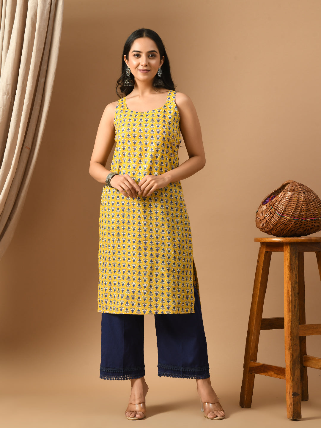 Pure Cotton yellow printed sleeveless kurta set