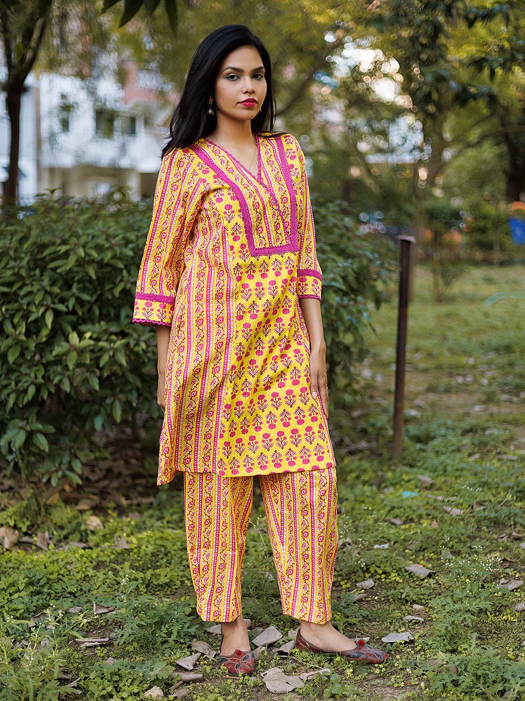 Yellow floral Coord set with Lace Details