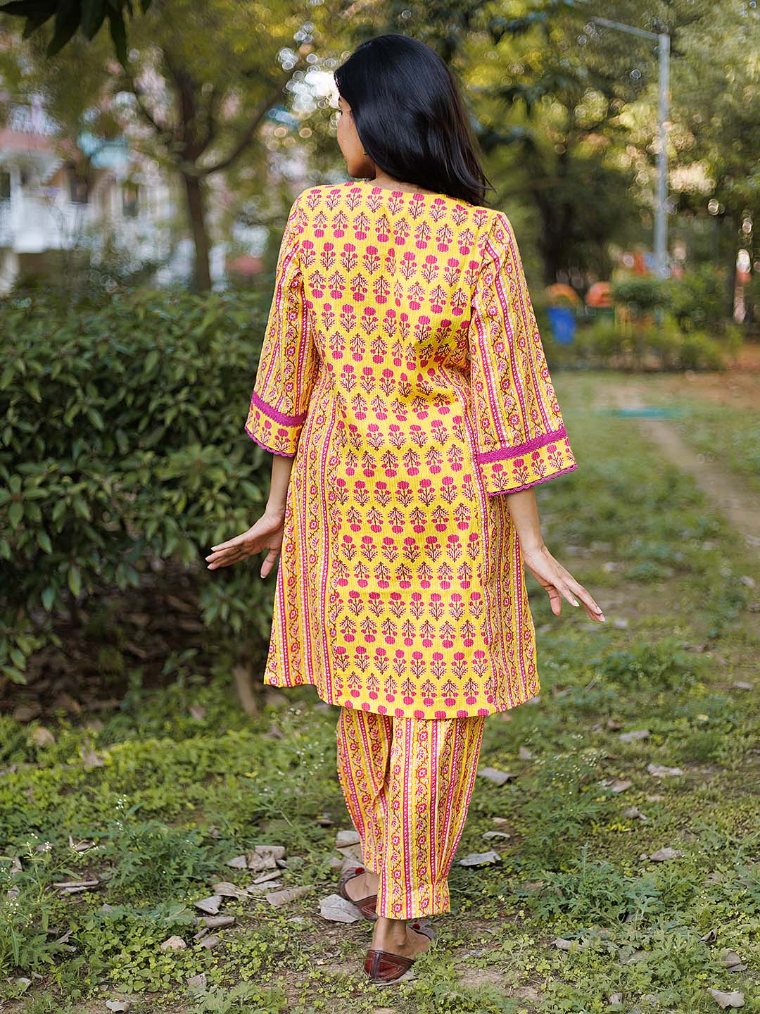 Yellow floral Coord set with Lace Details