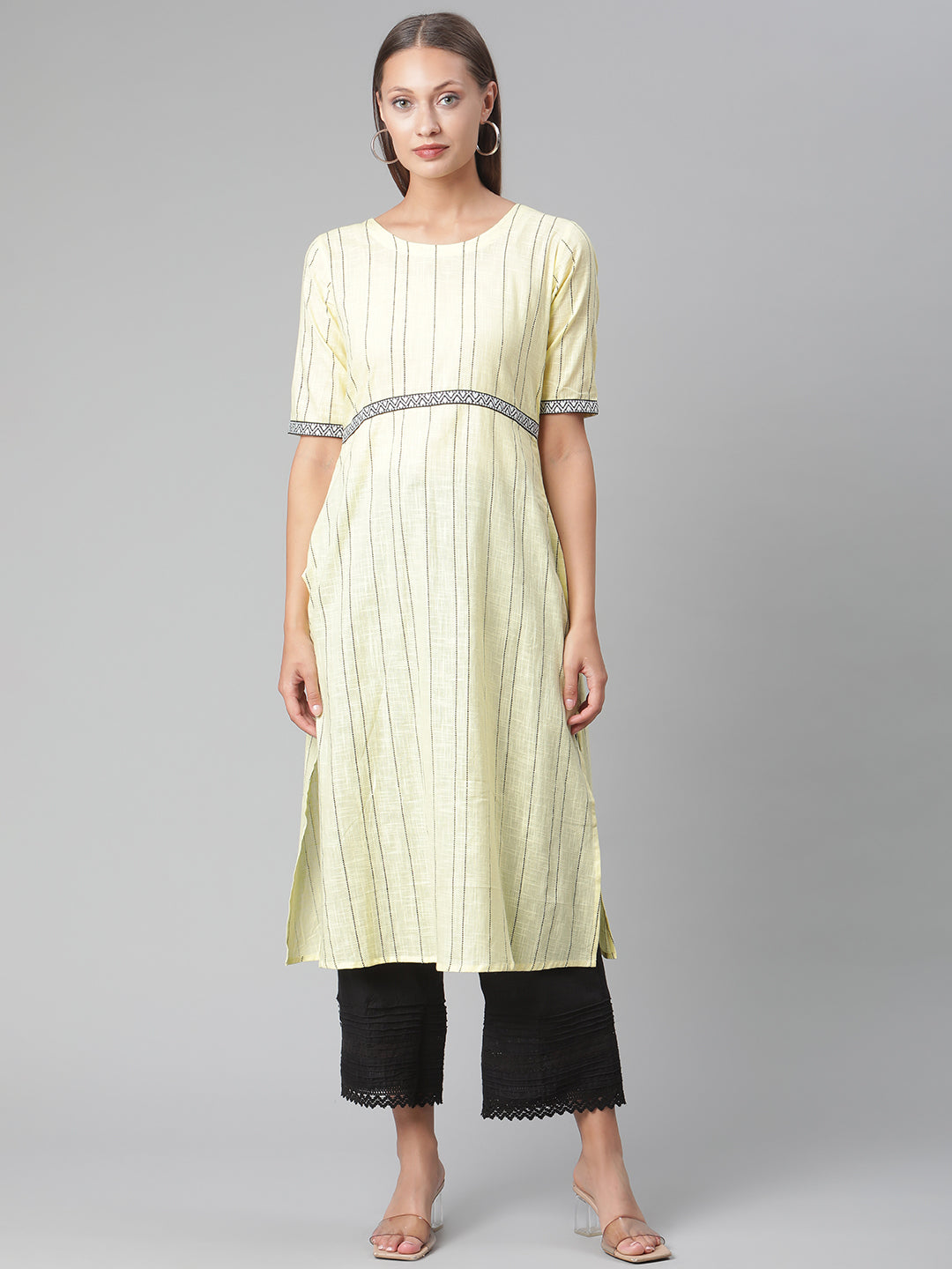 Yellow Striped Thread Work Handloom Cotton Kurta