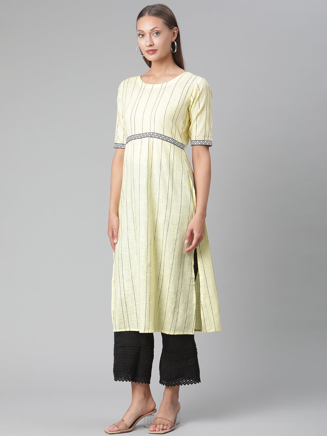 Yellow Striped Thread Work Handloom Cotton Kurta