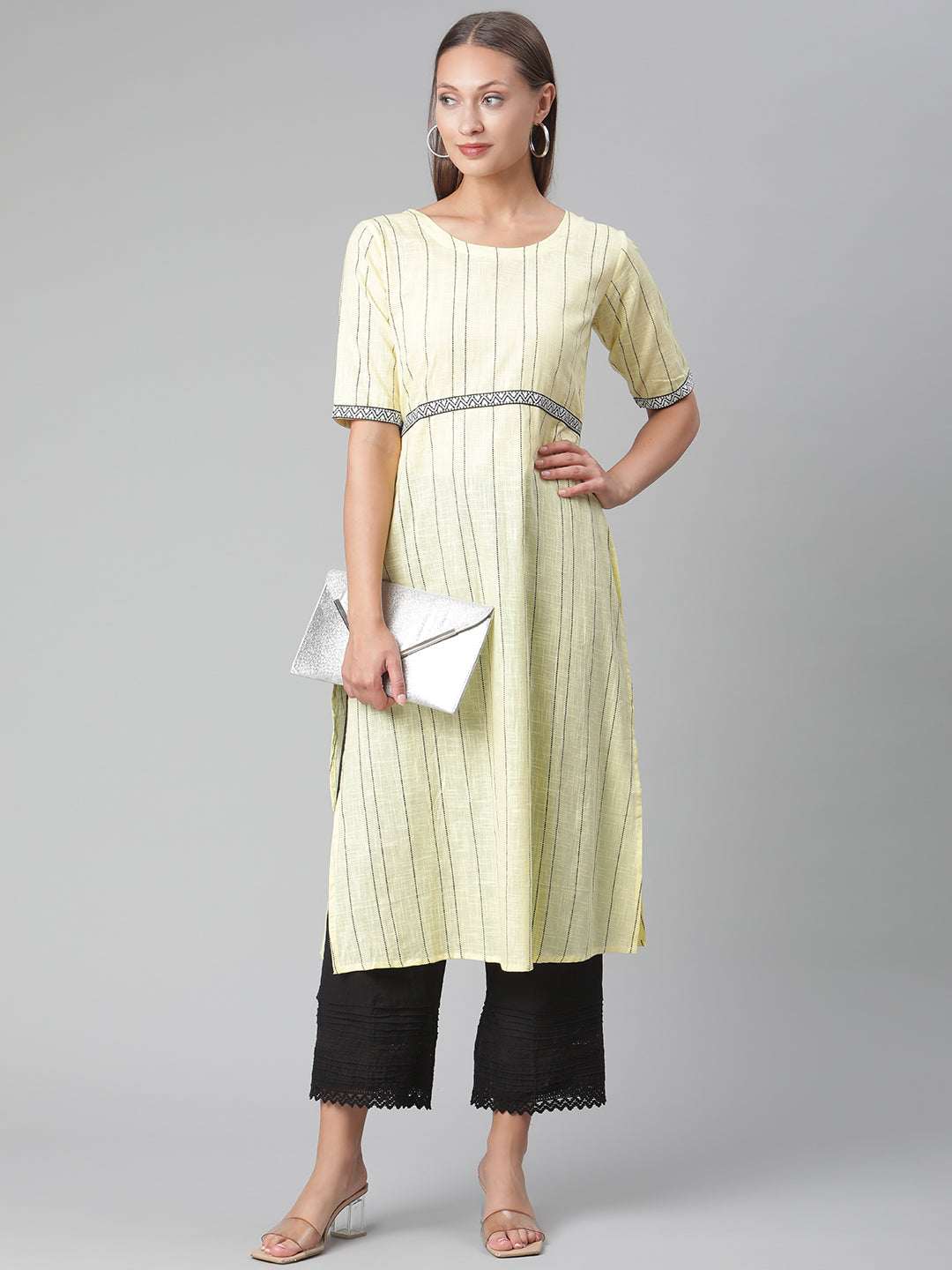 Yellow Striped Thread Work Handloom Cotton Kurta