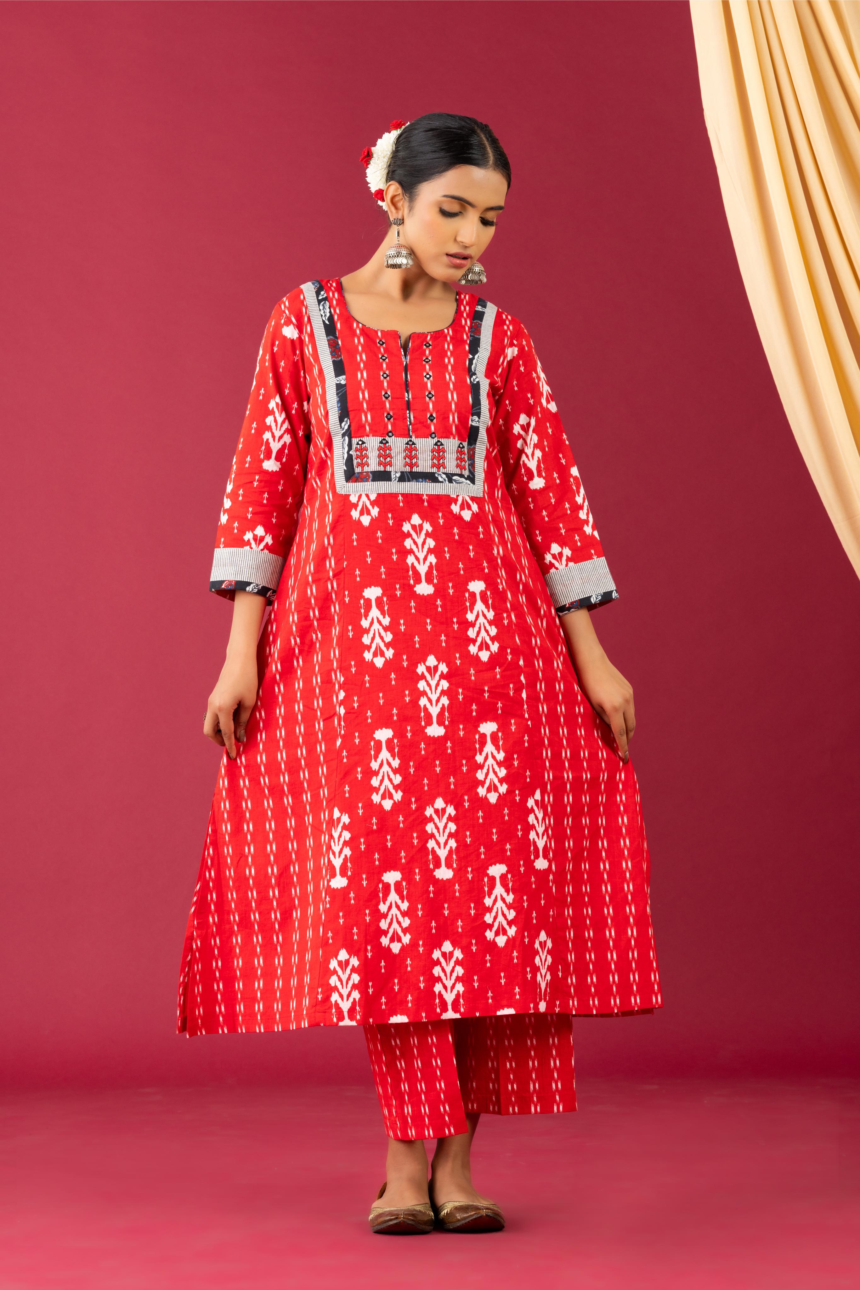 Bahaar Red ikkat print kurta set