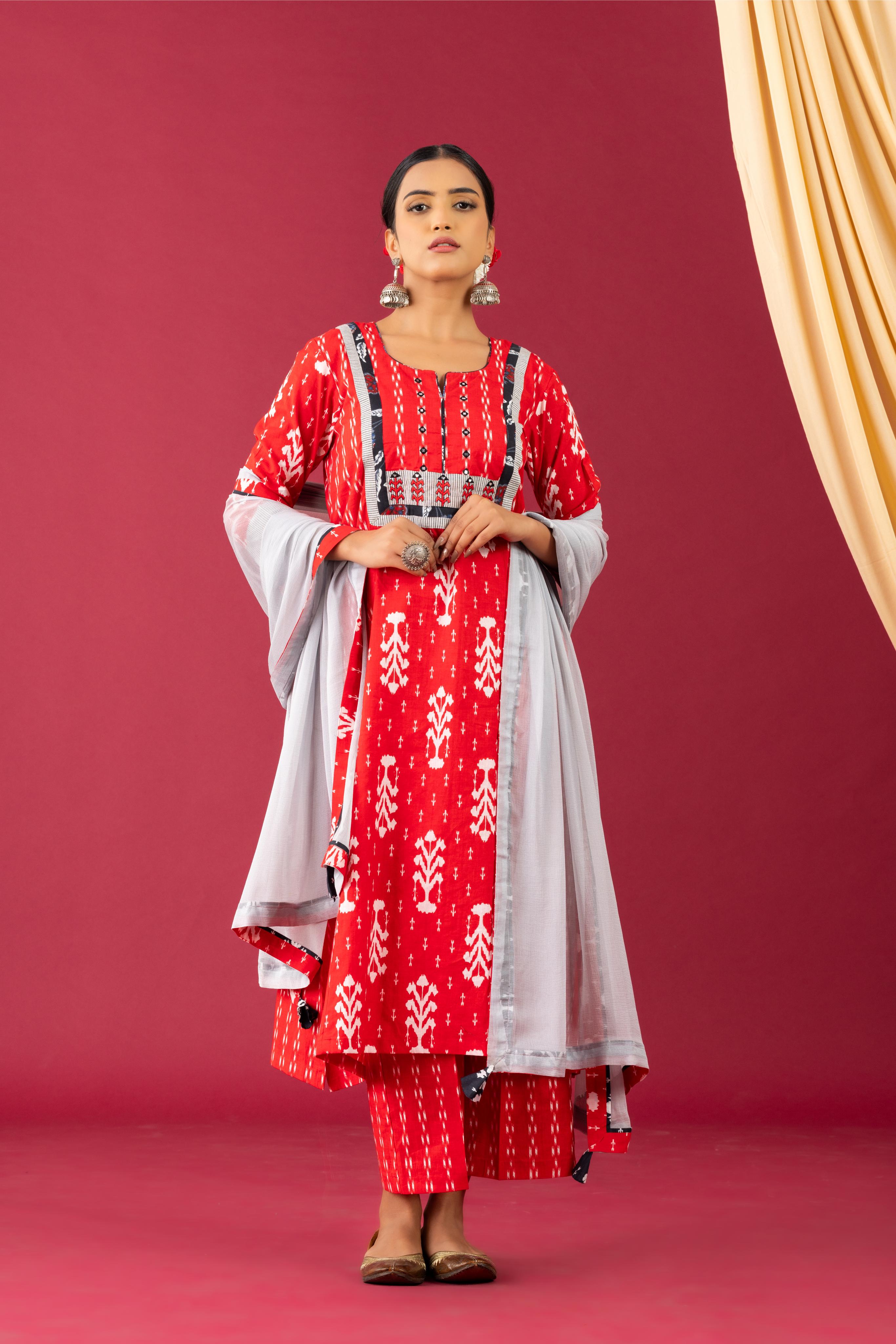 Bahaar Red ikkat print kurta set