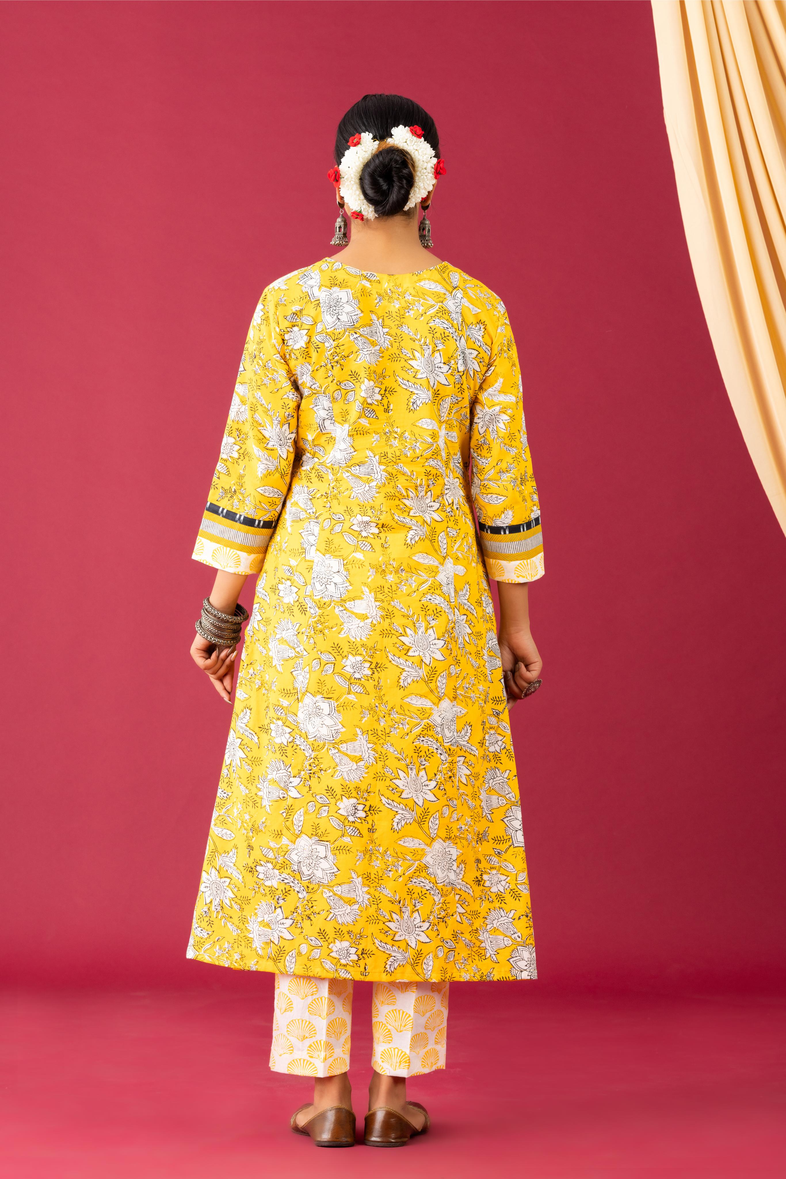 Bahaar Yellow mushroom handblock  printed kurta set