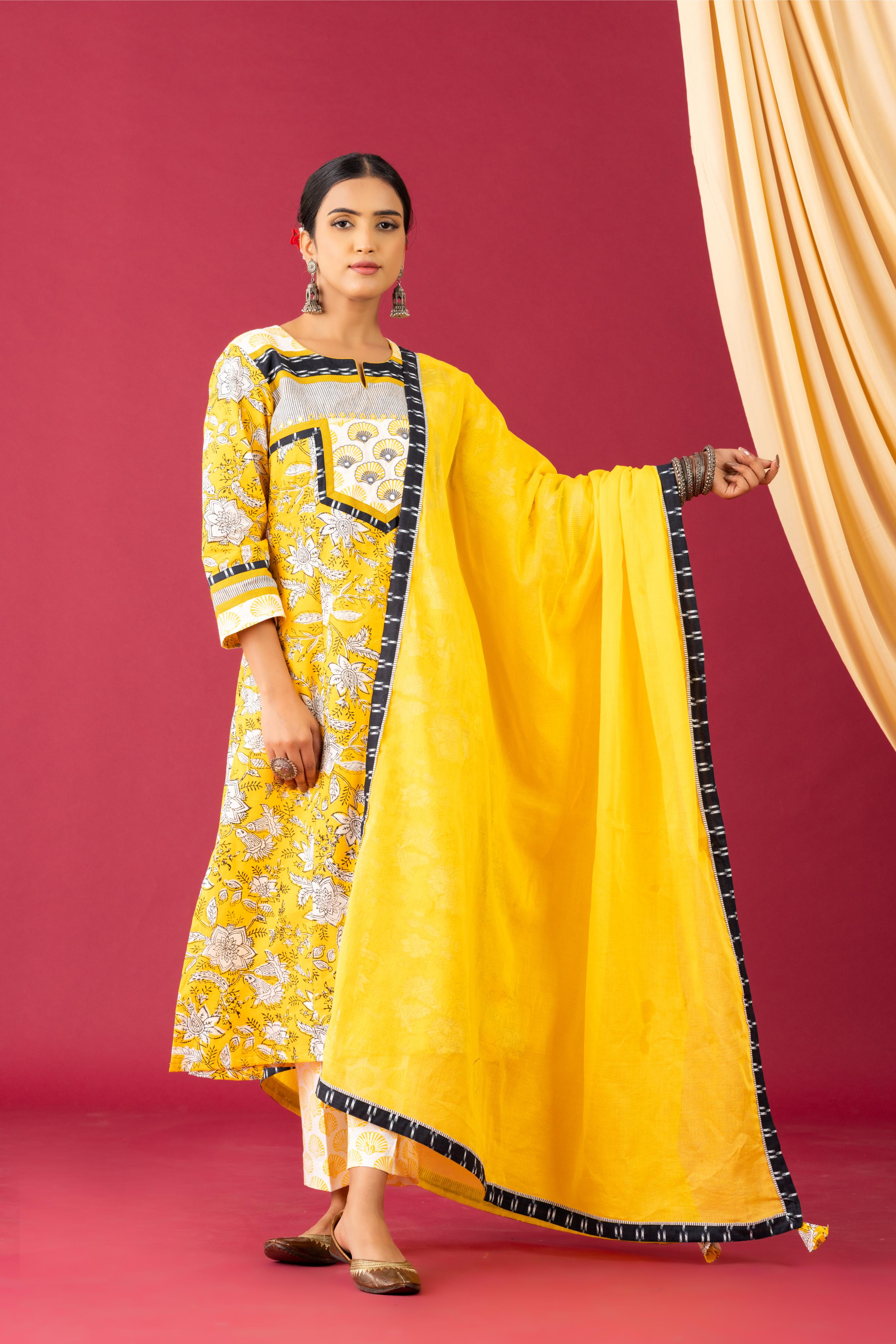 Bahaar Yellow mushroom handblock  printed kurta set