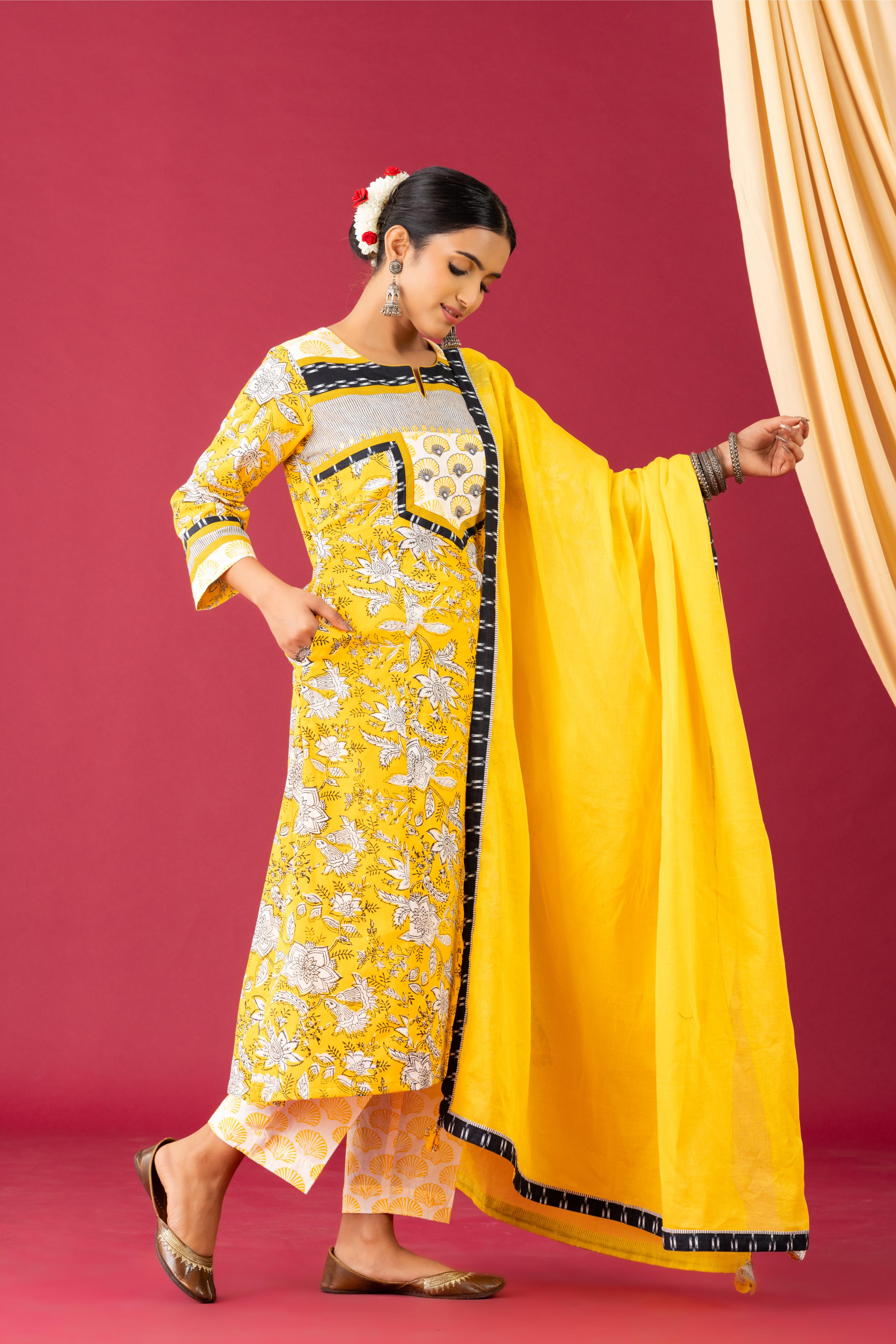 Bahaar Yellow mushroom handblock  printed kurta set