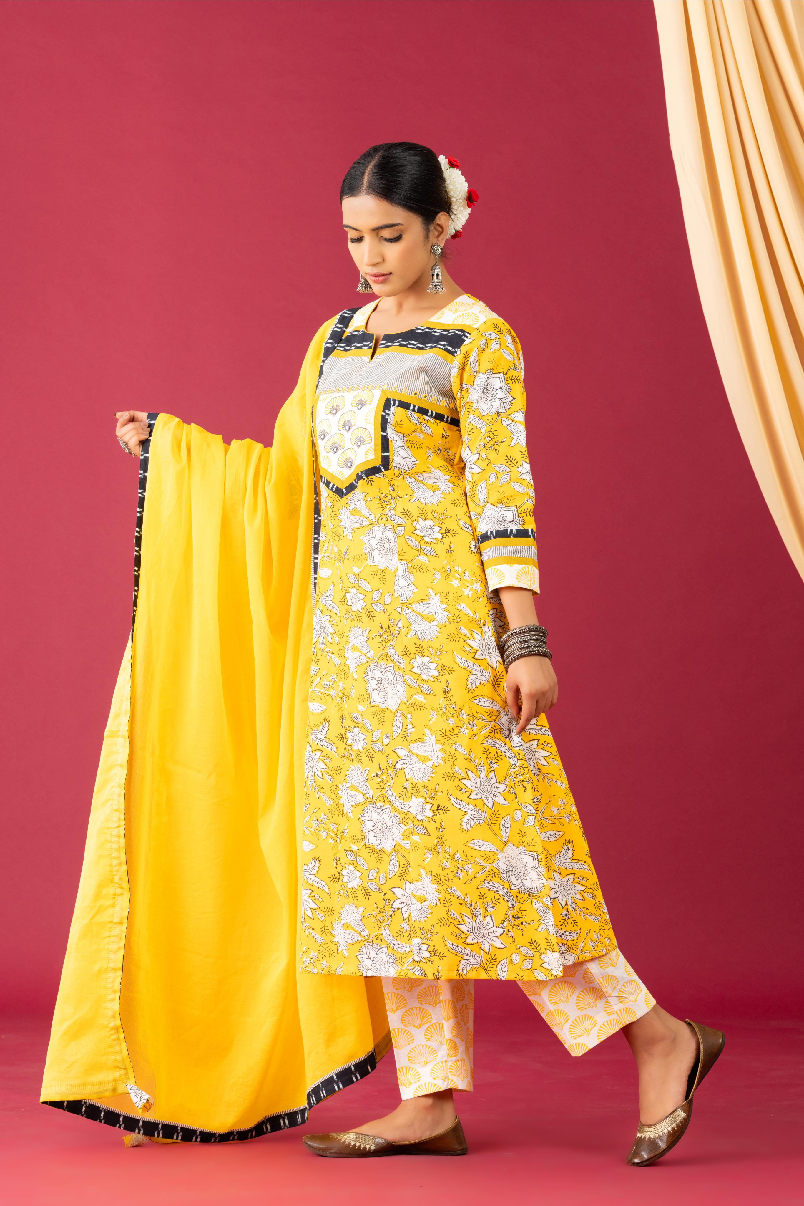 Bahaar Yellow mushroom handblock  printed kurta set