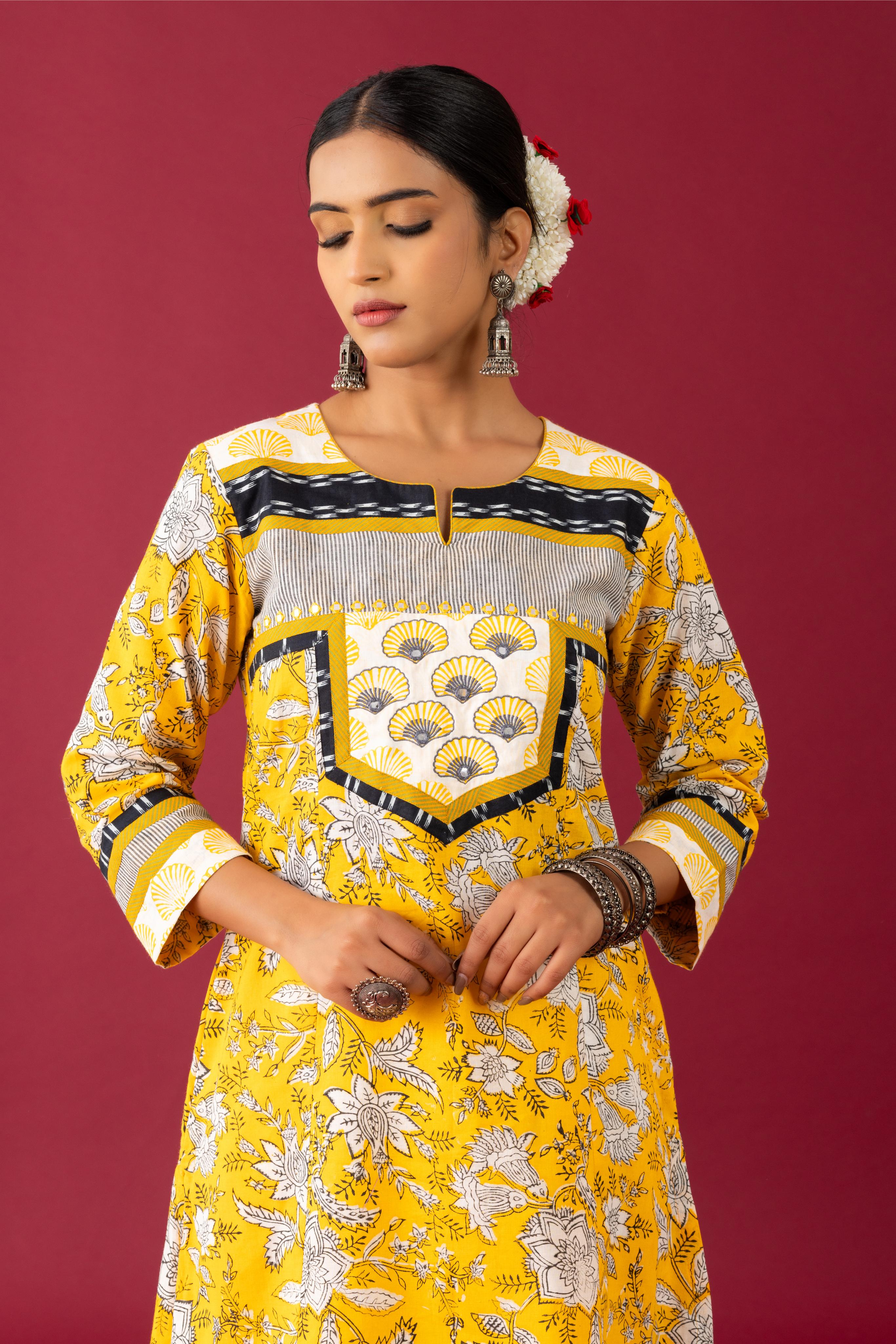 Bahaar Yellow mushroom handblock  printed kurta set