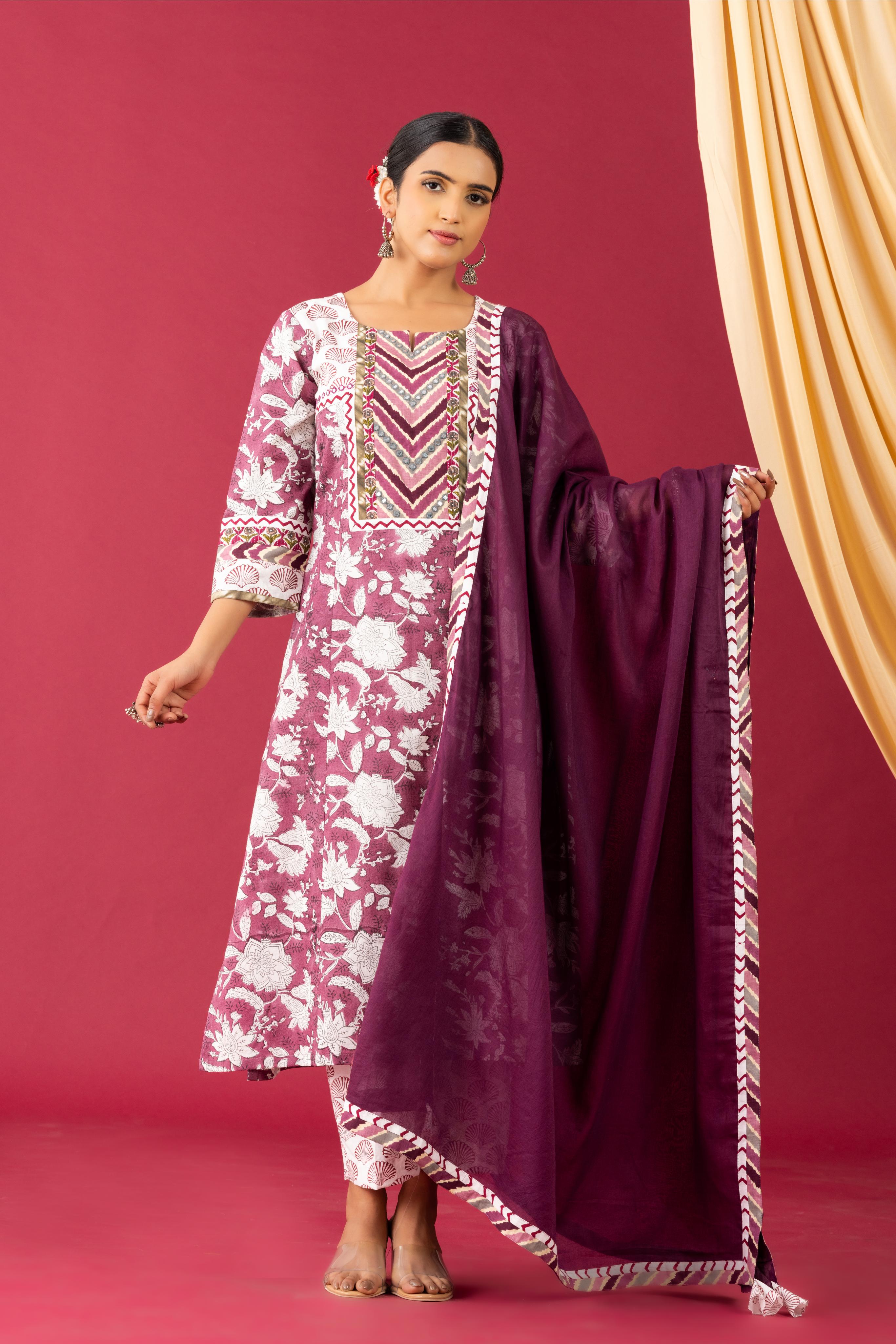 Bahaar Wine handblock kurta set