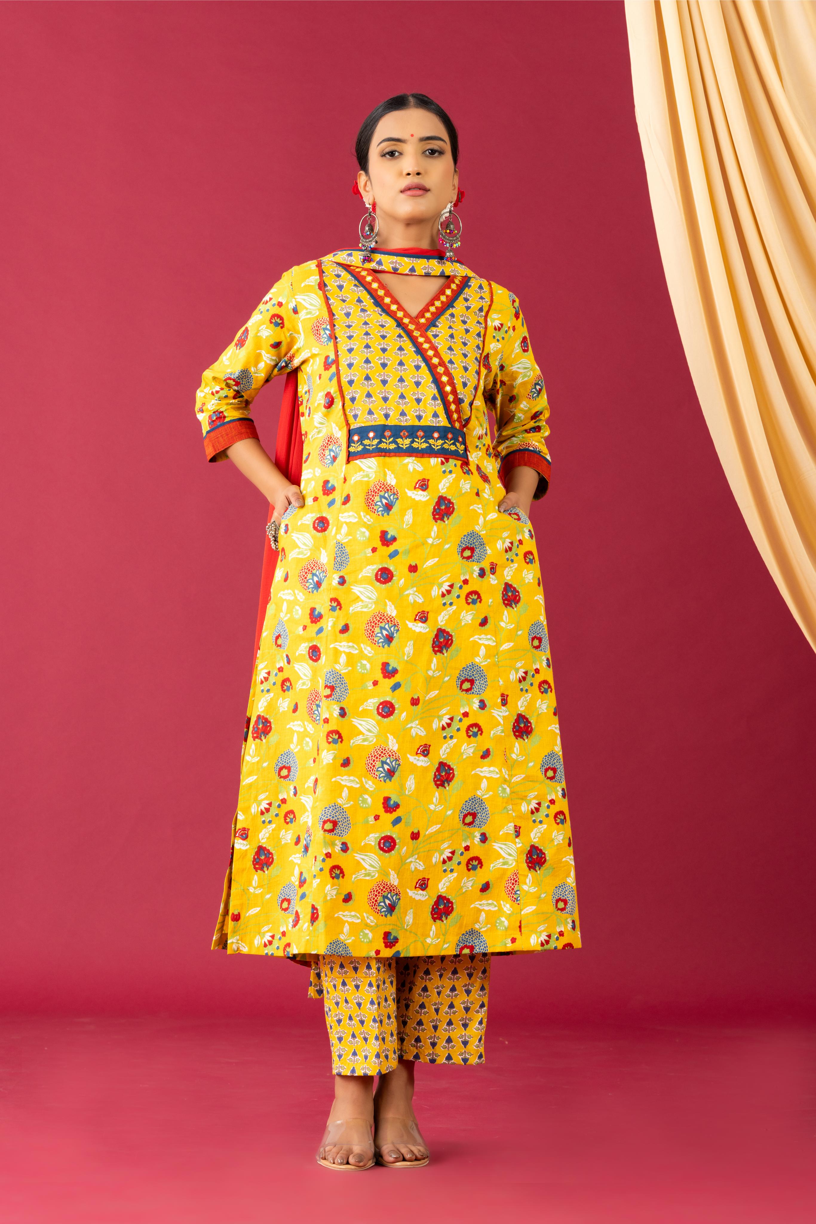 Bahaar Yellow angrakha yoke kurta set