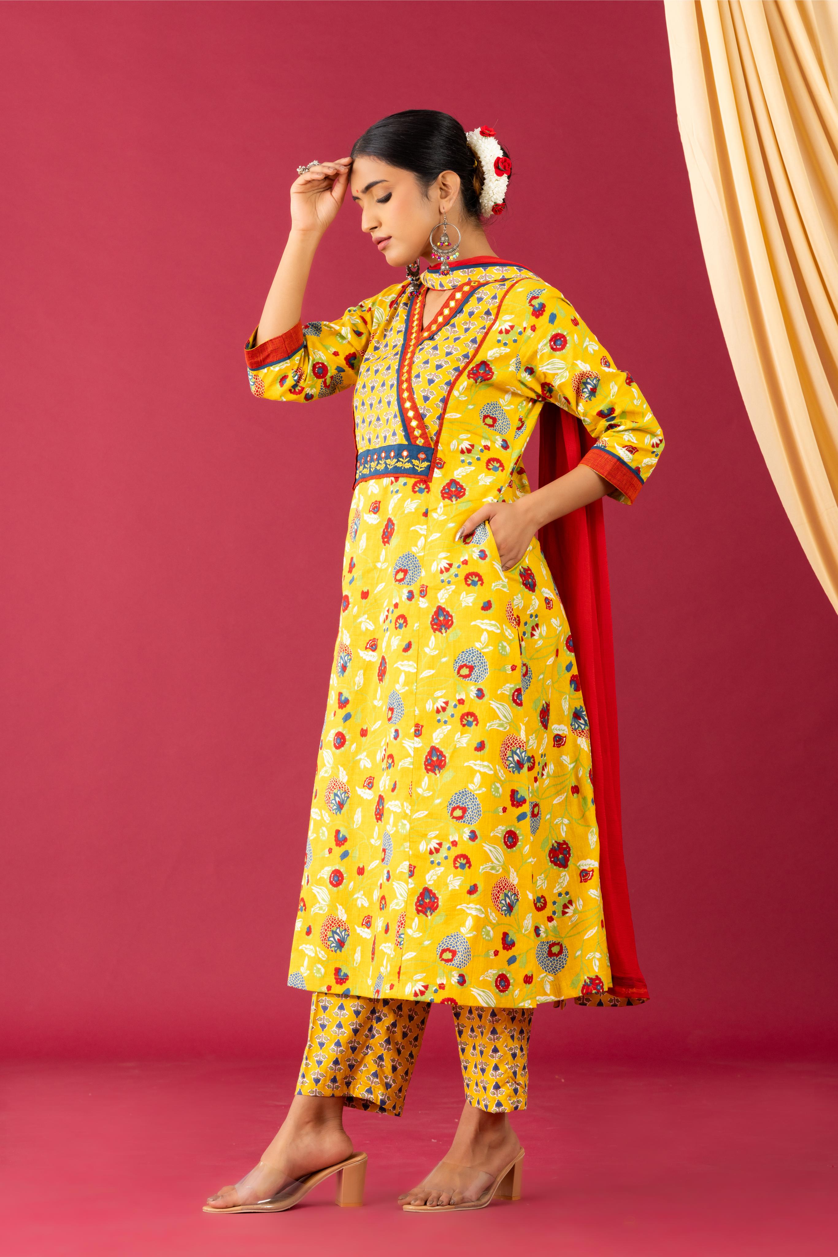 Bahaar Yellow angrakha yoke kurta set