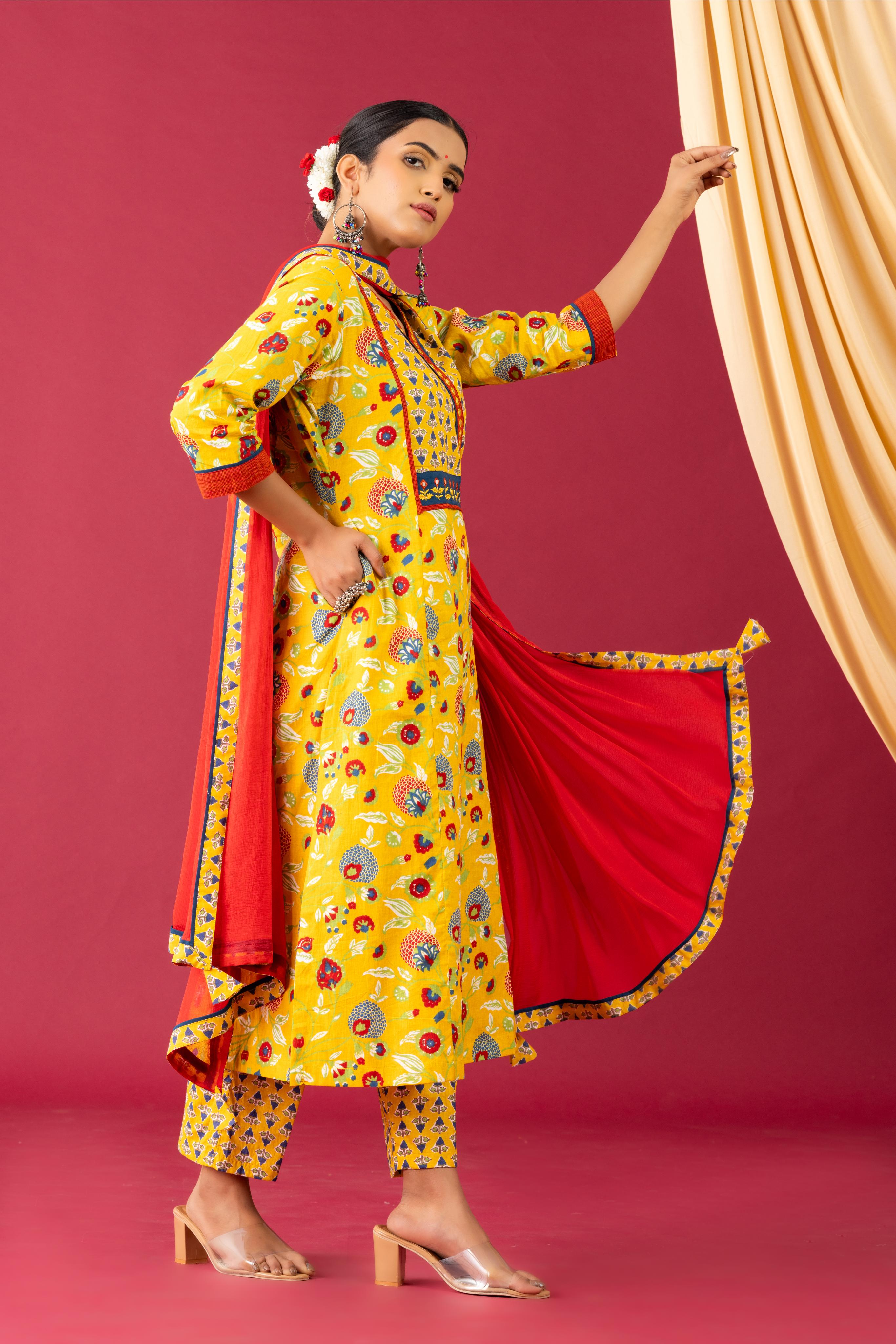 Bahaar Yellow angrakha yoke kurta set