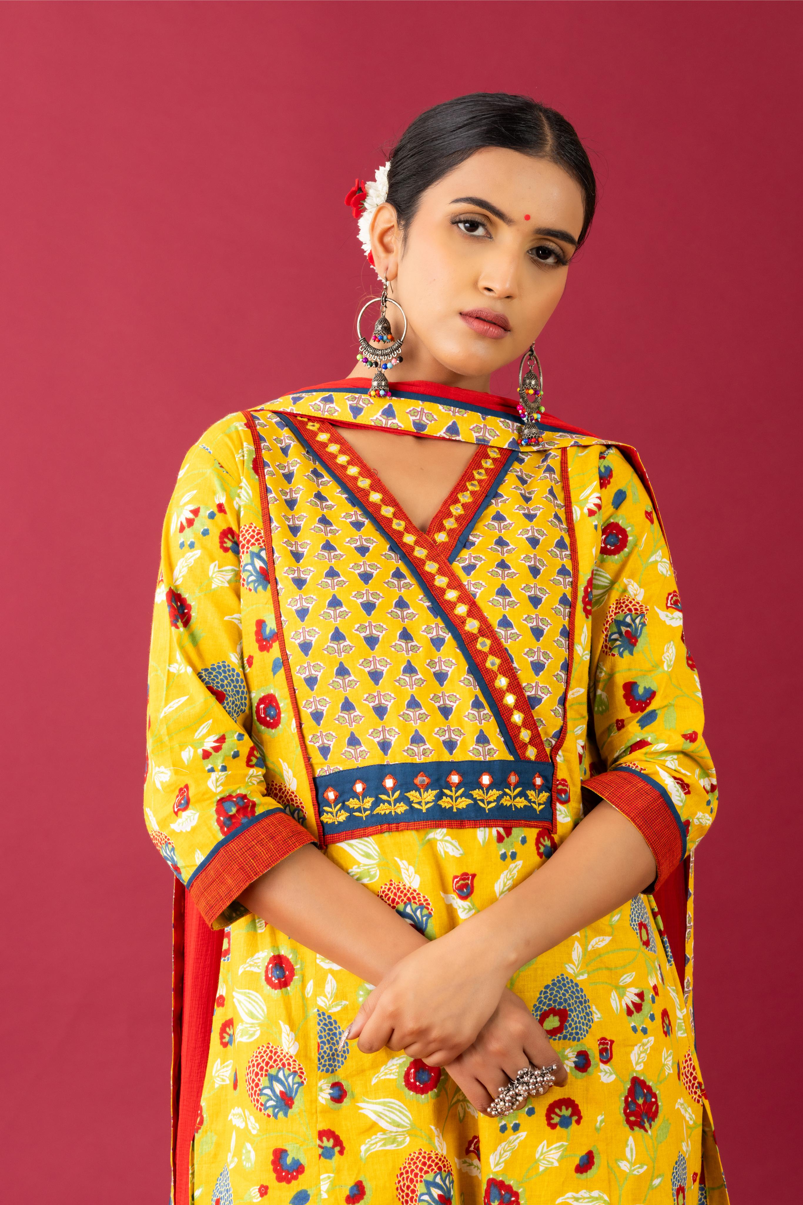 Bahaar Yellow angrakha yoke kurta set