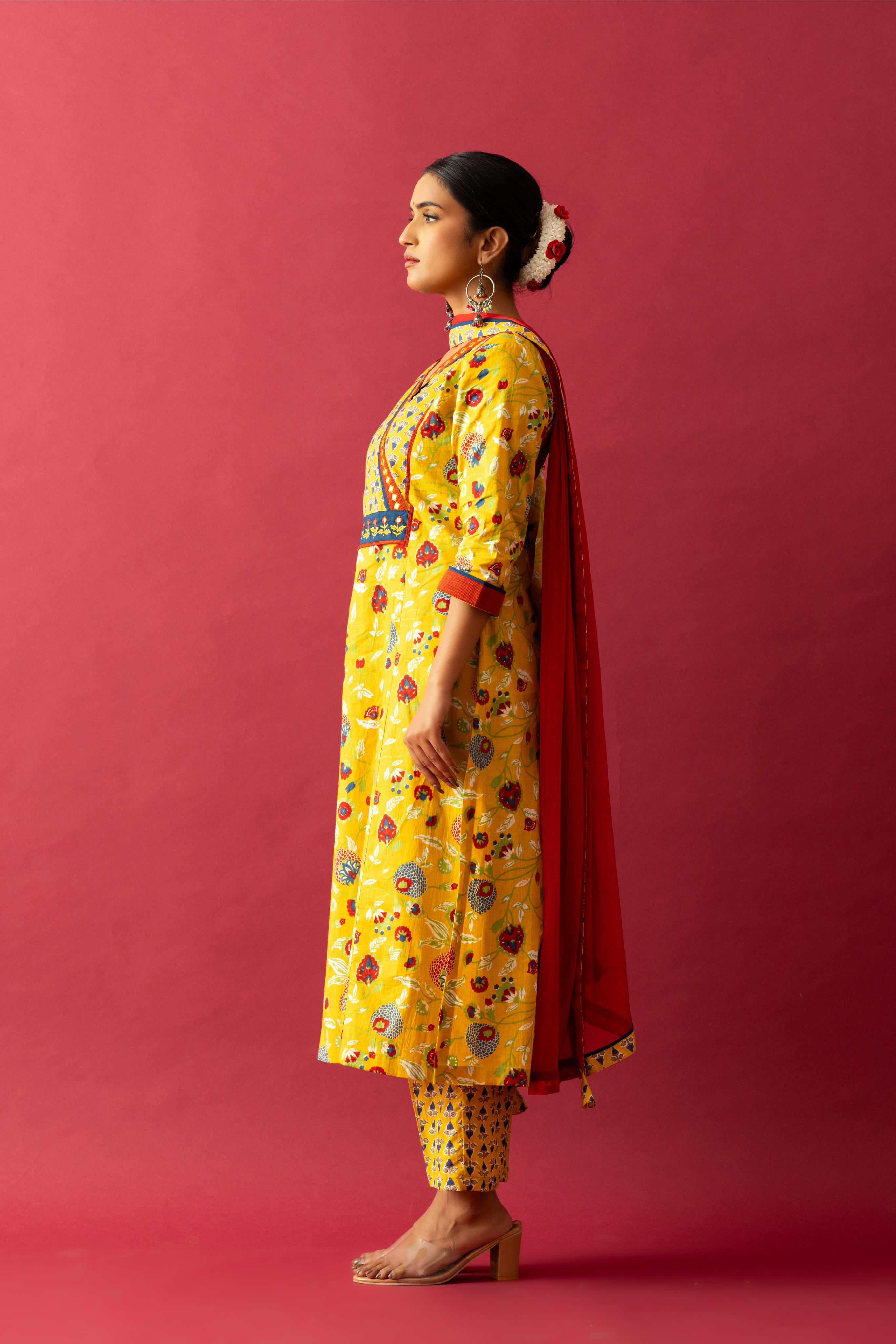 Bahaar Yellow angrakha yoke kurta set