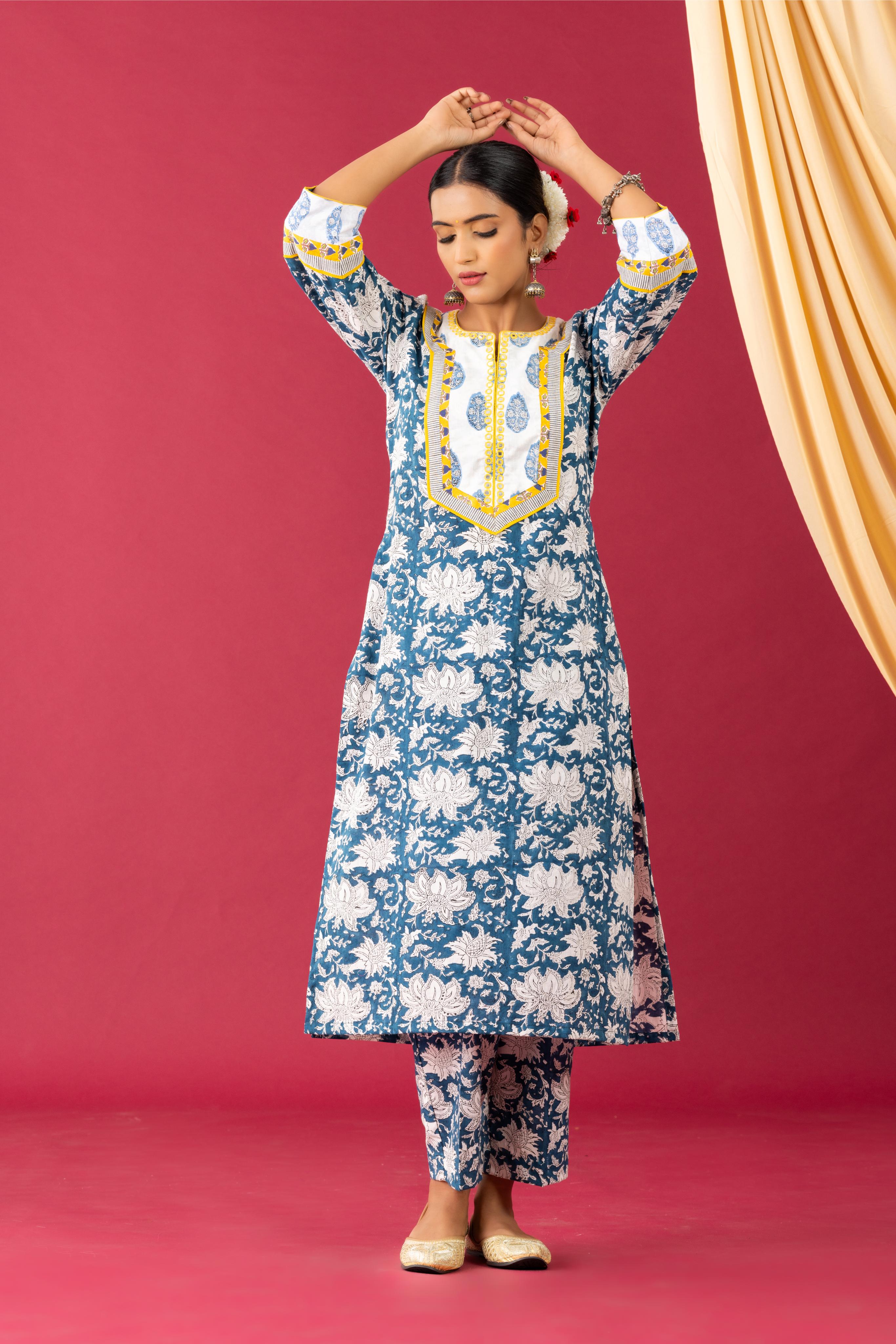 Bahar Handblock Printed Blue Kurta Set