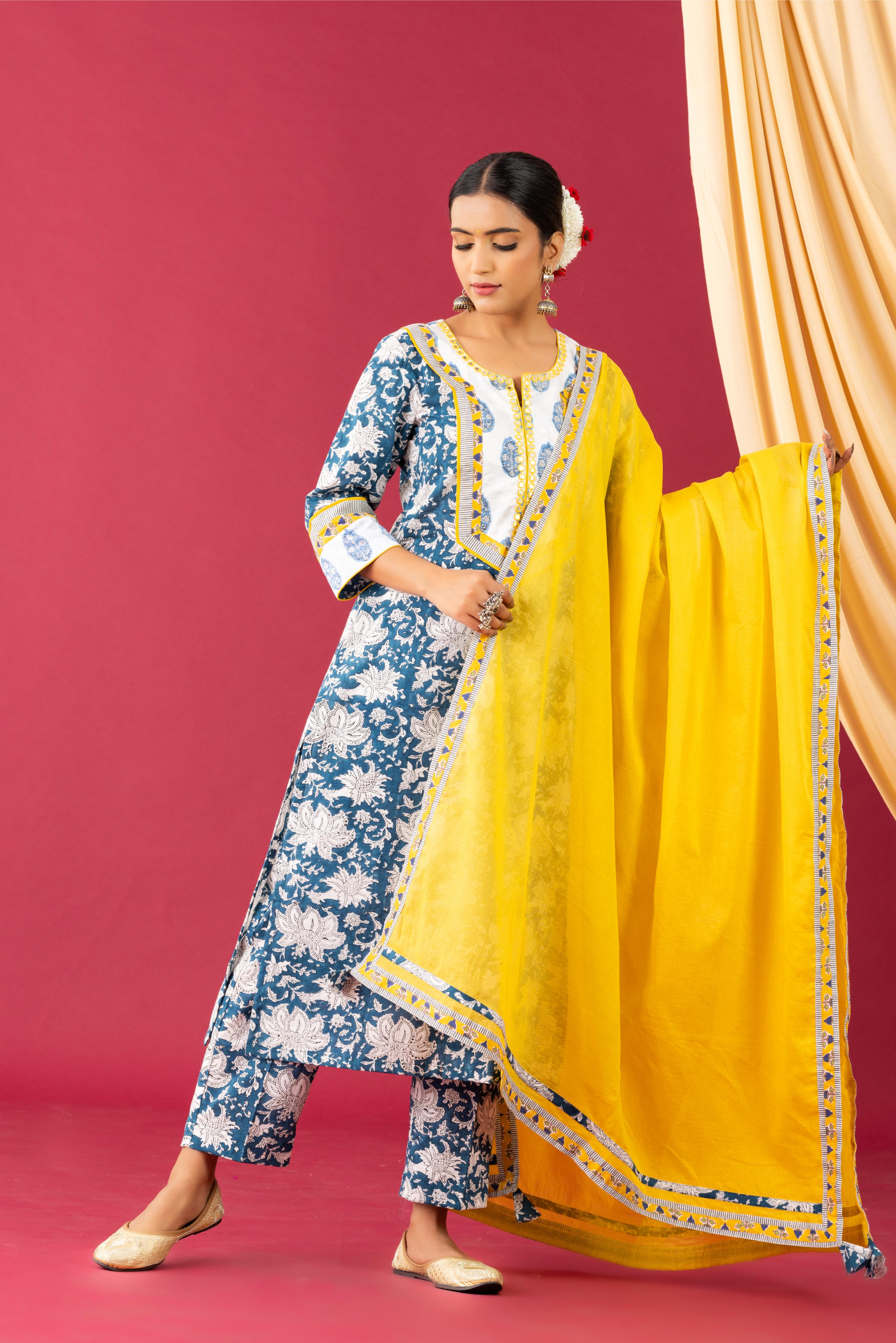 Bahar Handblock Printed Blue Kurta Set