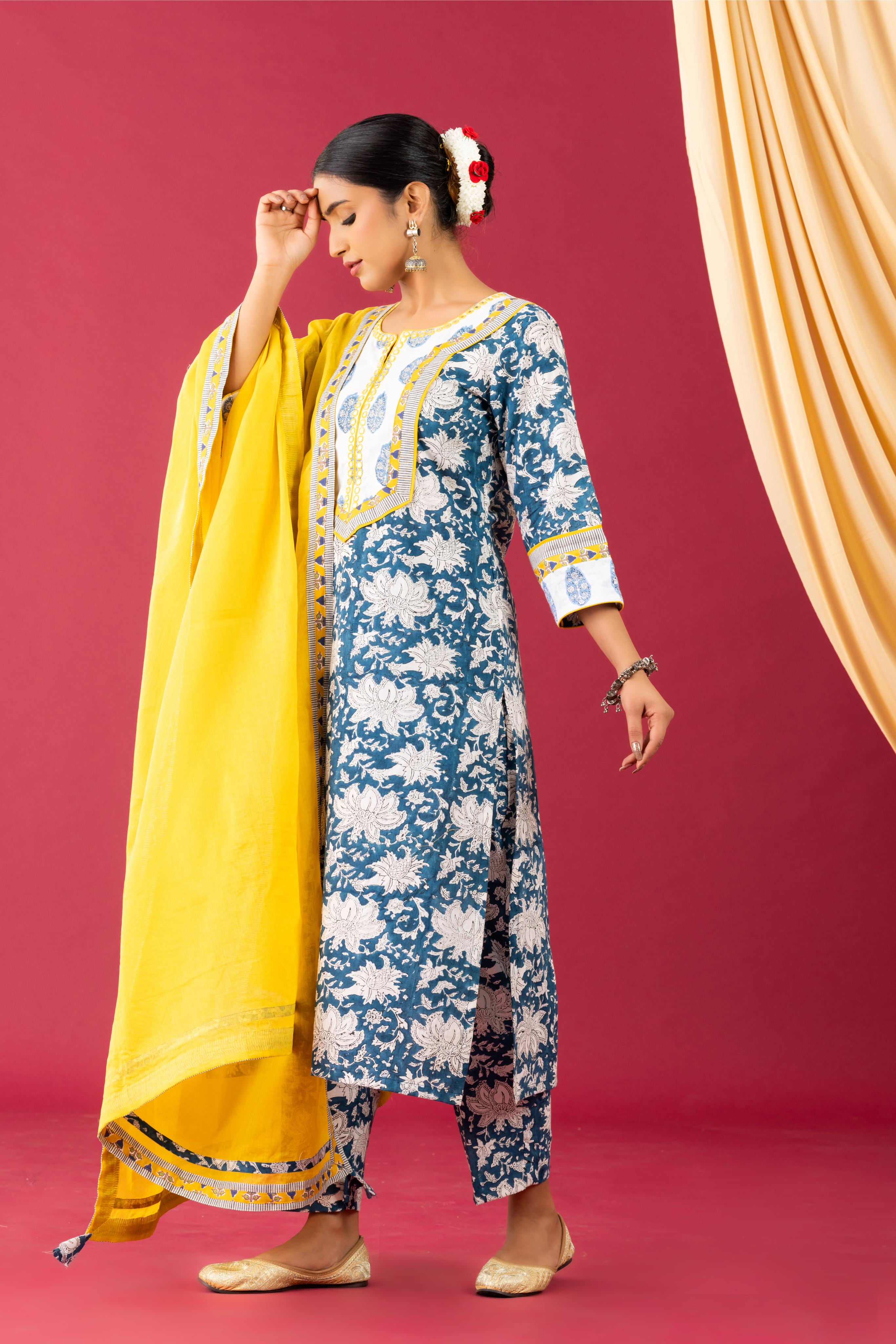 Bahar Handblock Printed Blue Kurta Set