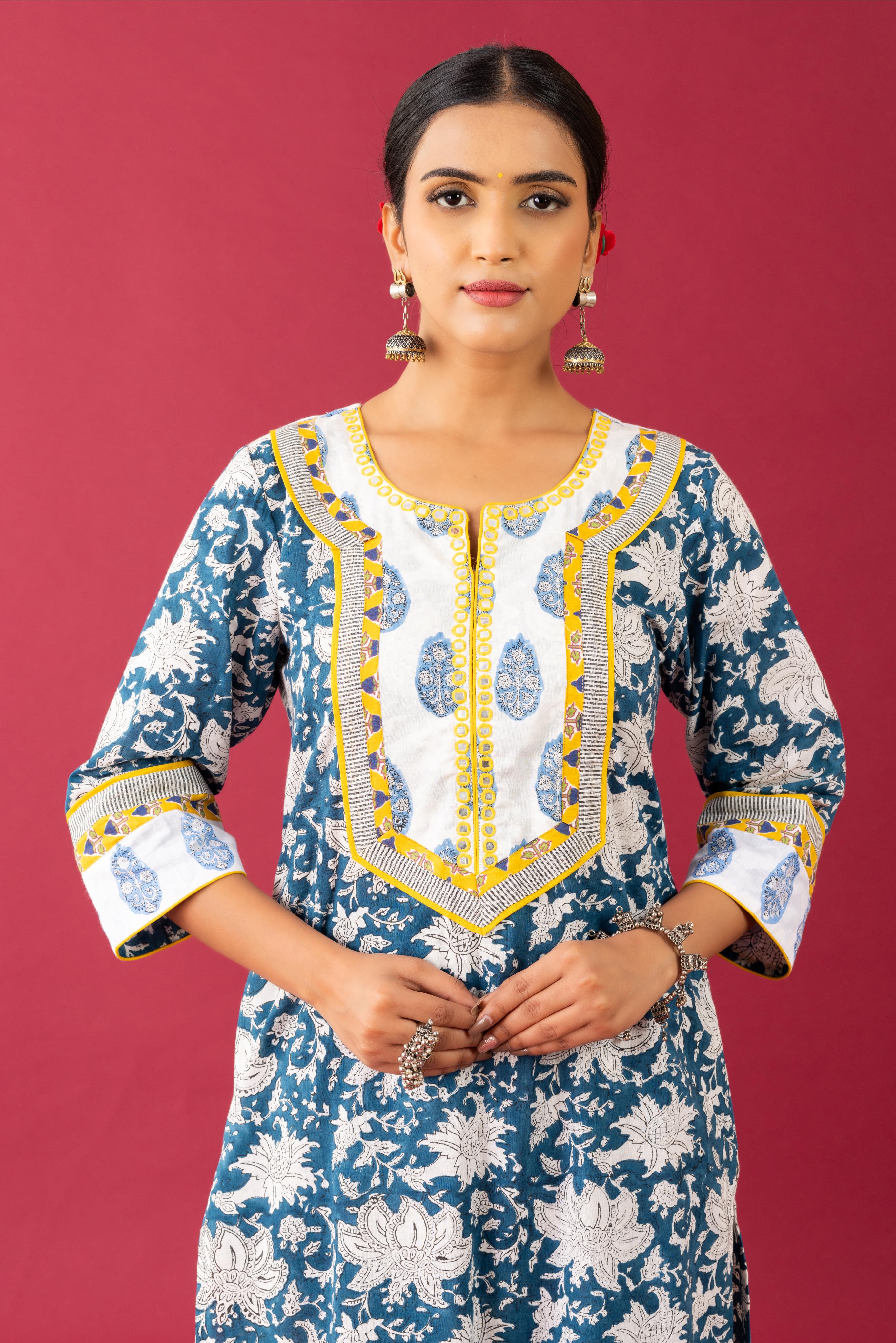 Bahar Handblock Printed Blue Kurta Set