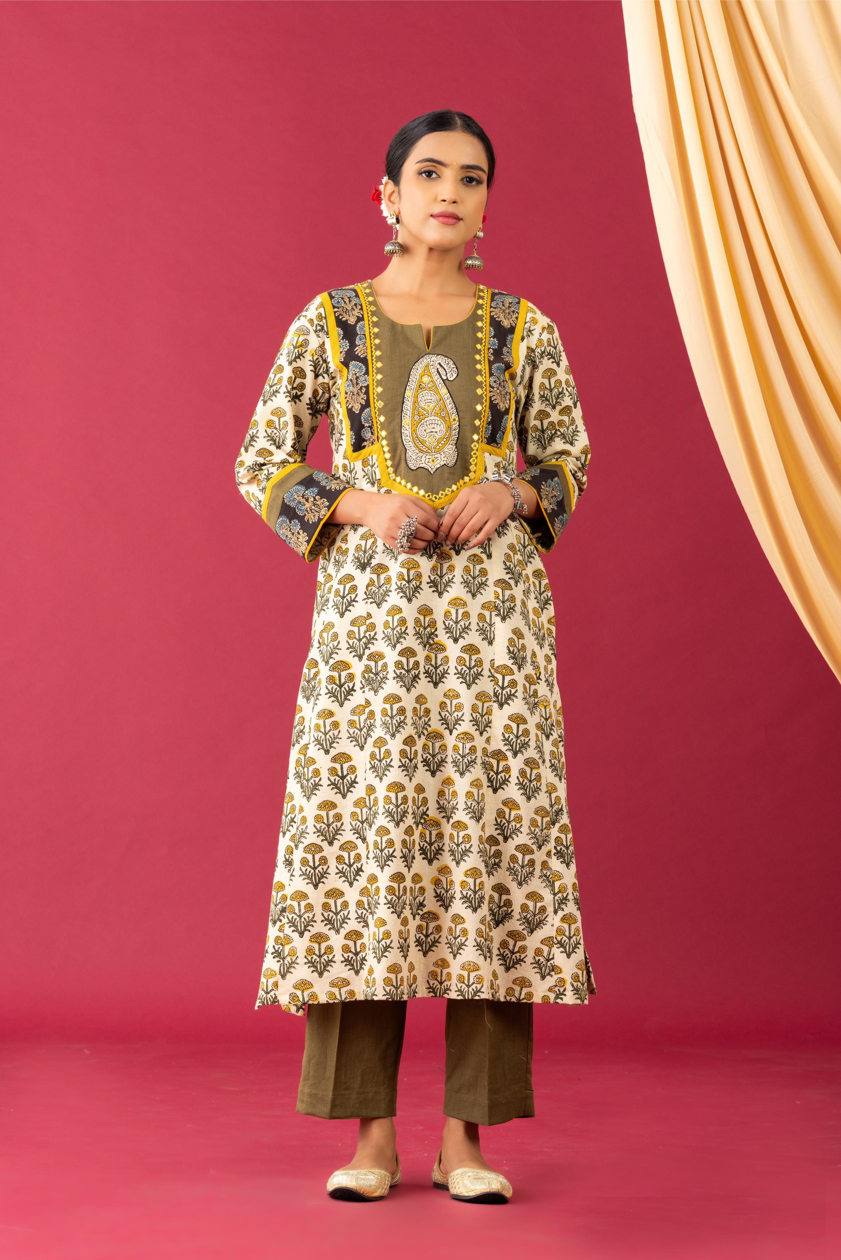 Bahaar Mehndi Green Handblock Printed kurta set