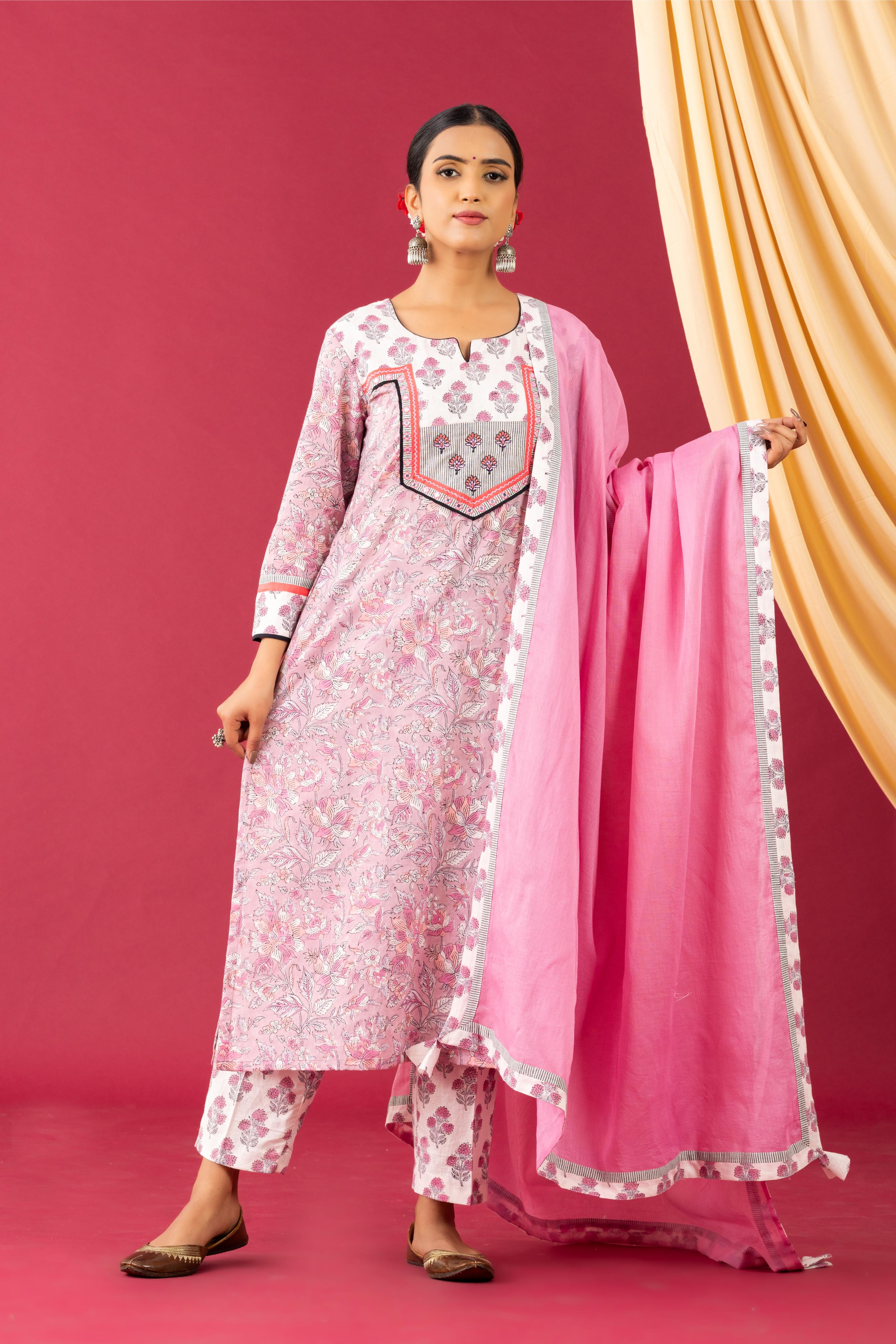 Bahaar Rose pink handblock kurta set