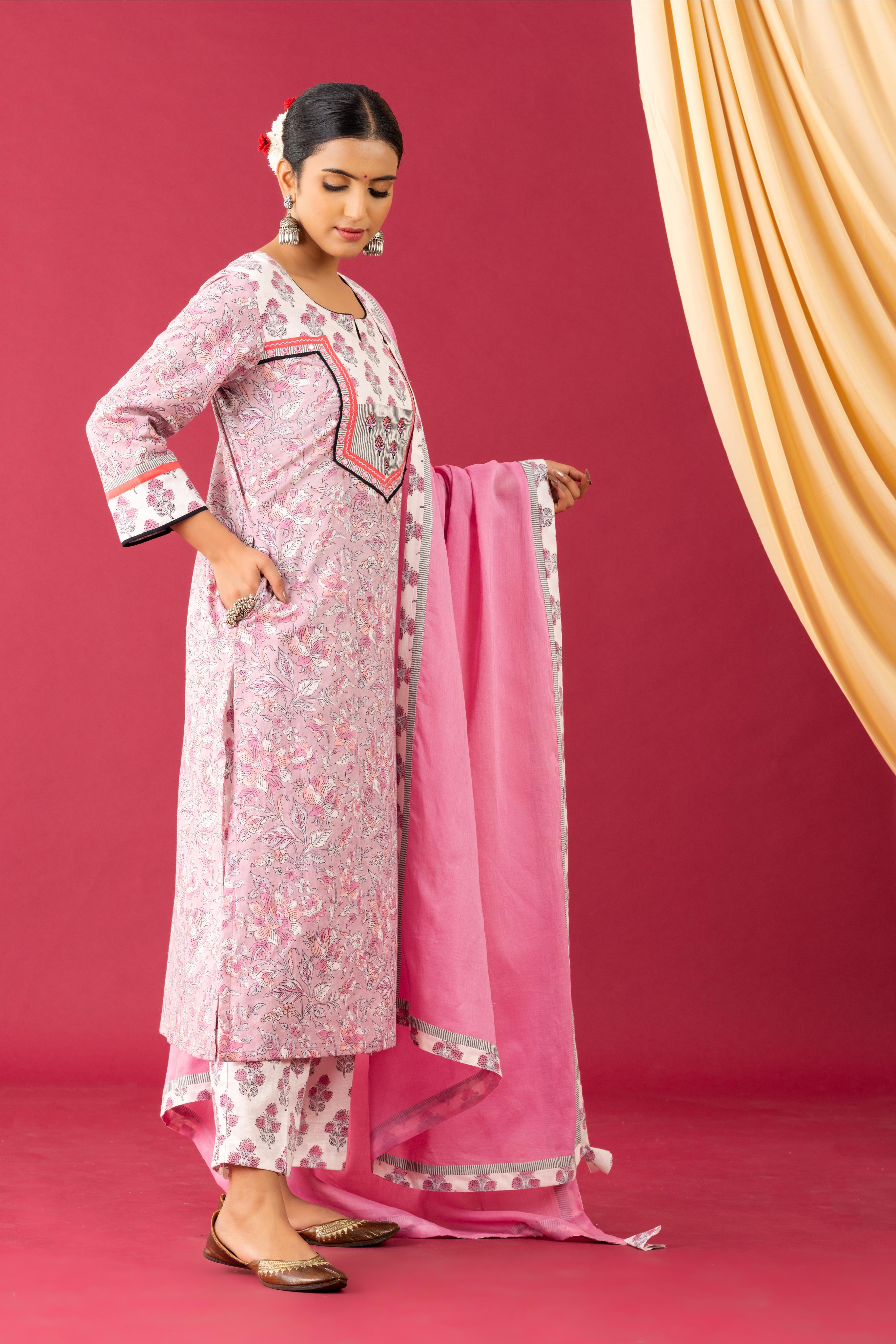 Bahaar Rose pink handblock kurta set