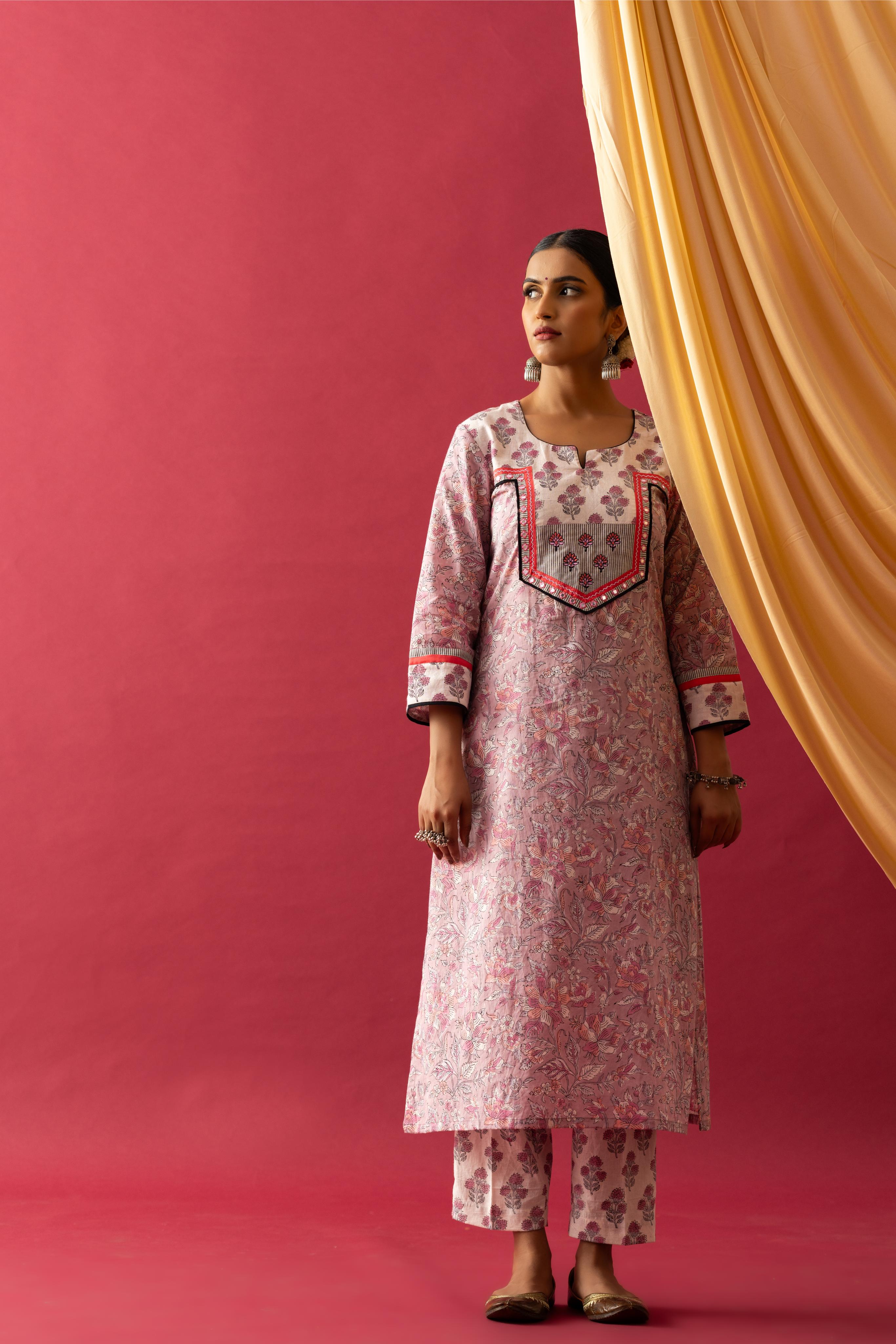 Bahaar Rose pink handblock kurta set