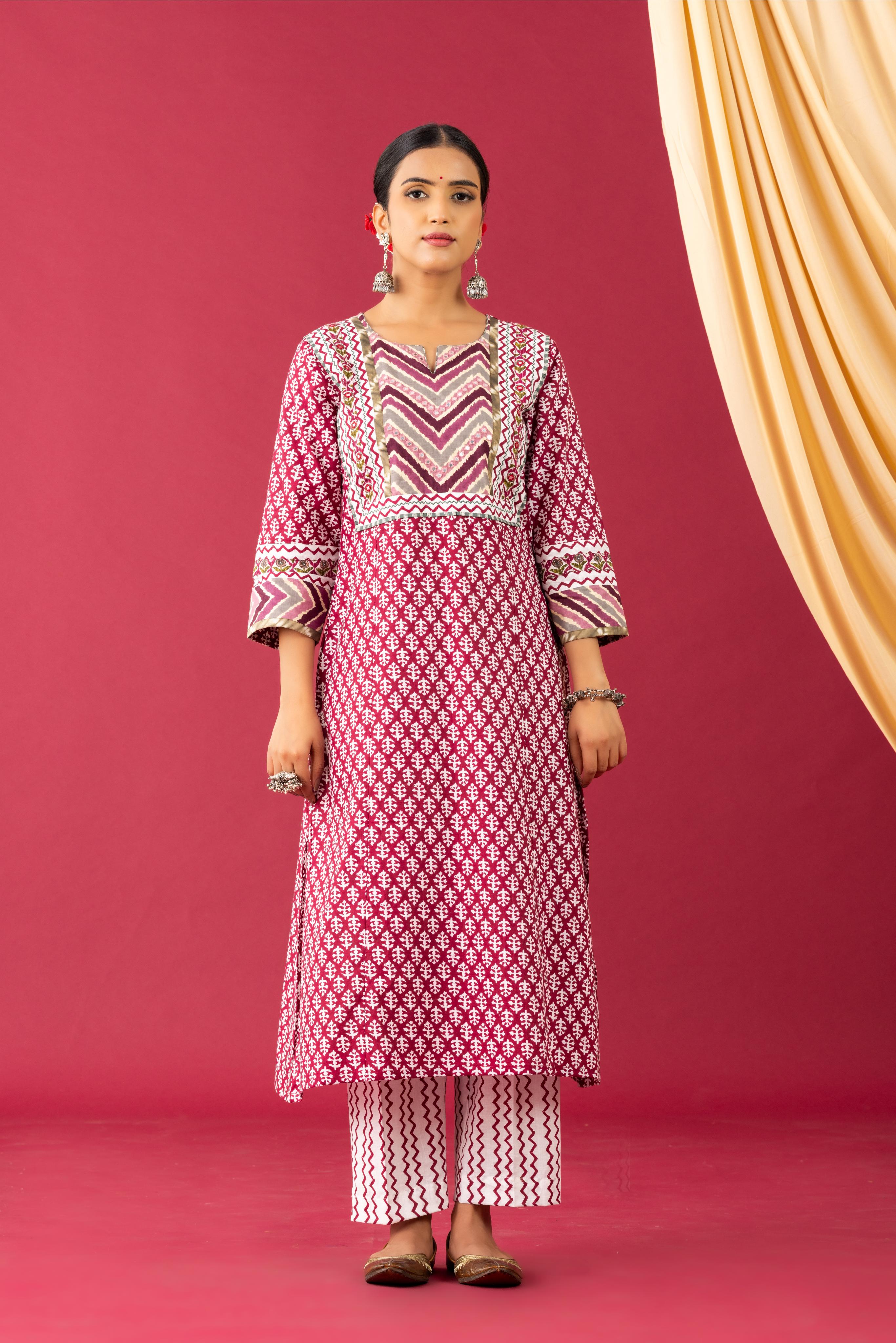 Bahaar Wine booti cotton kurta set