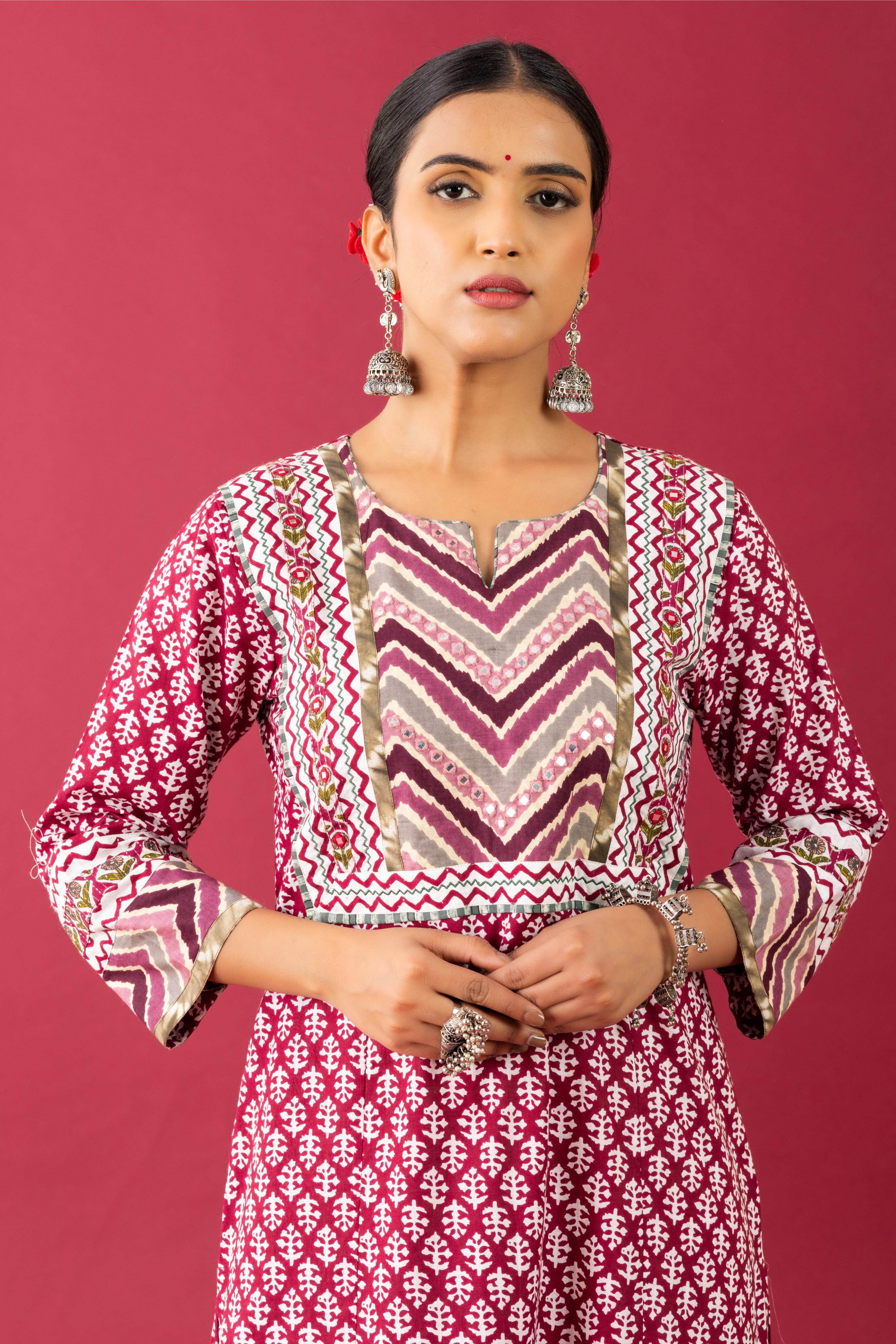 Bahaar Wine booti cotton kurta set