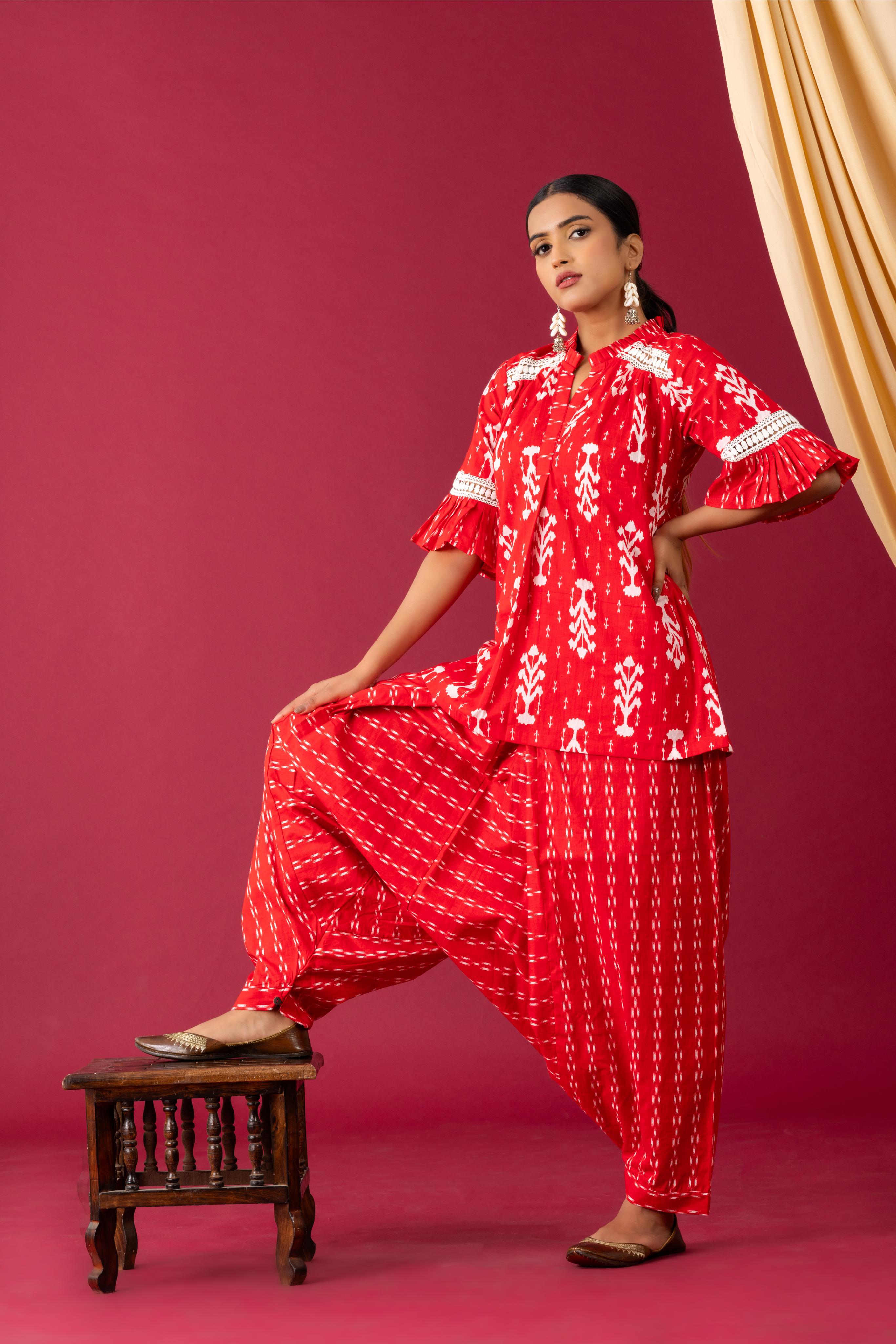 Red Ikkat Dhoti Co-Ord