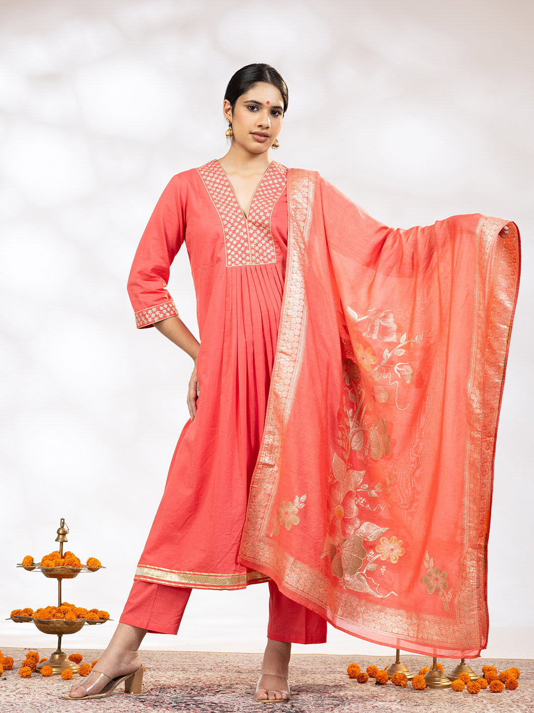 Utsav Women Peach Zari Embroidered Suit - Set of 3