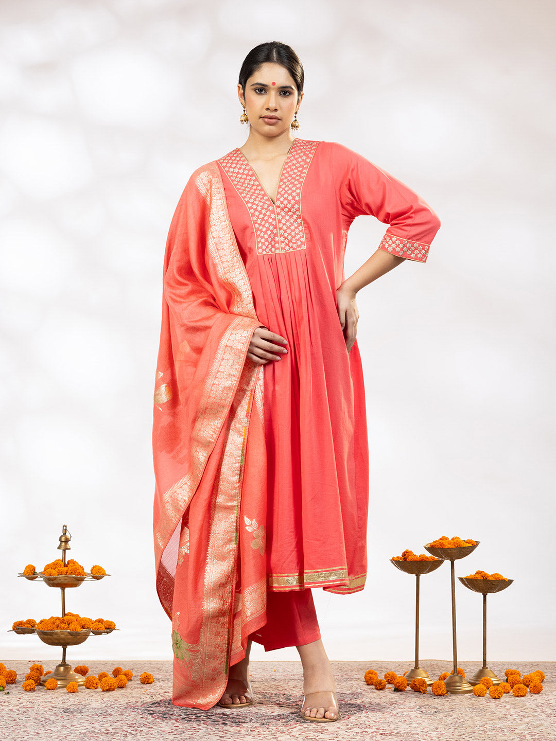 Utsav Women Peach Zari Embroidered Suit - Set of 3