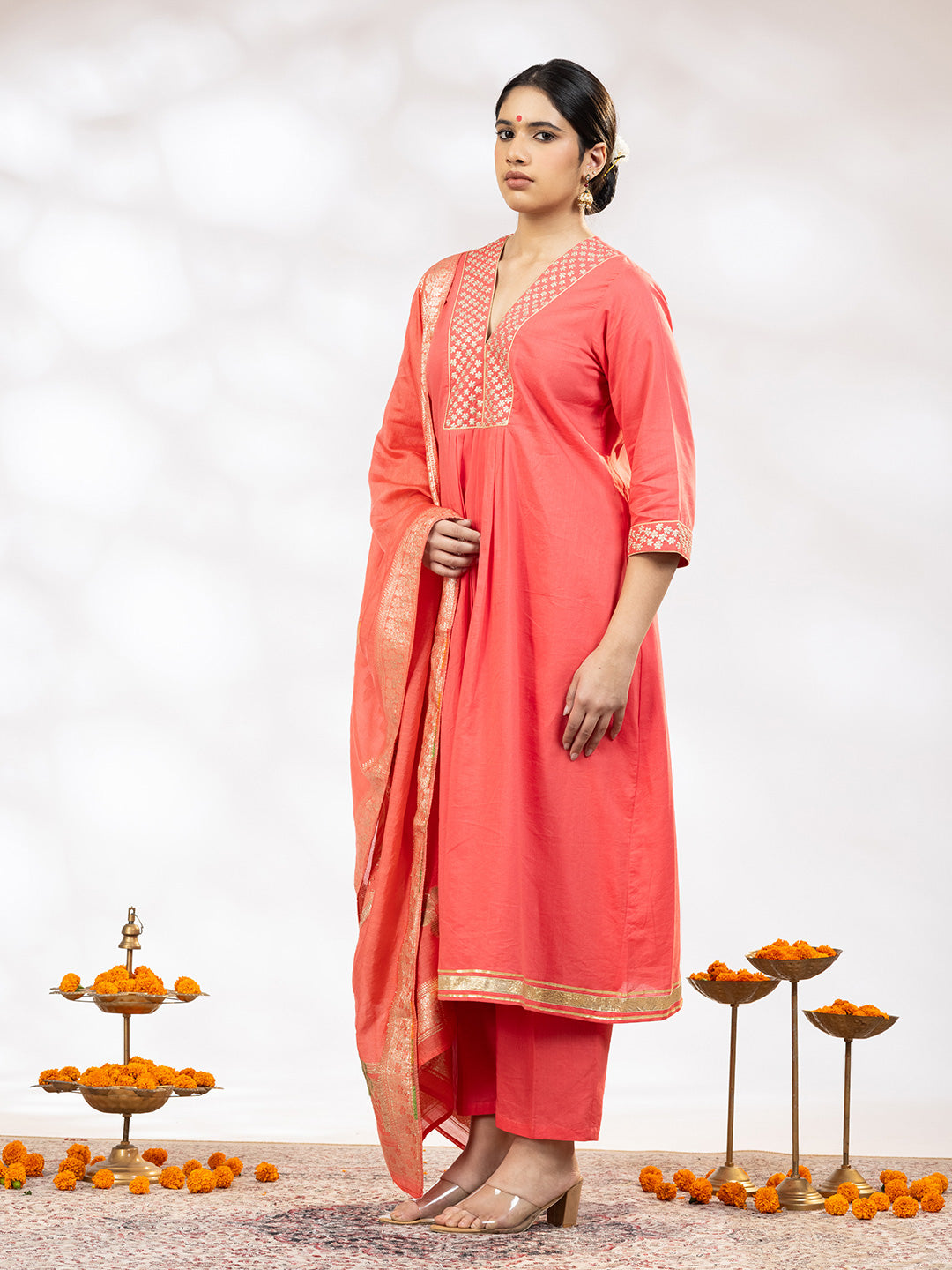 Utsav Women Peach Zari Embroidered Suit - Set of 3
