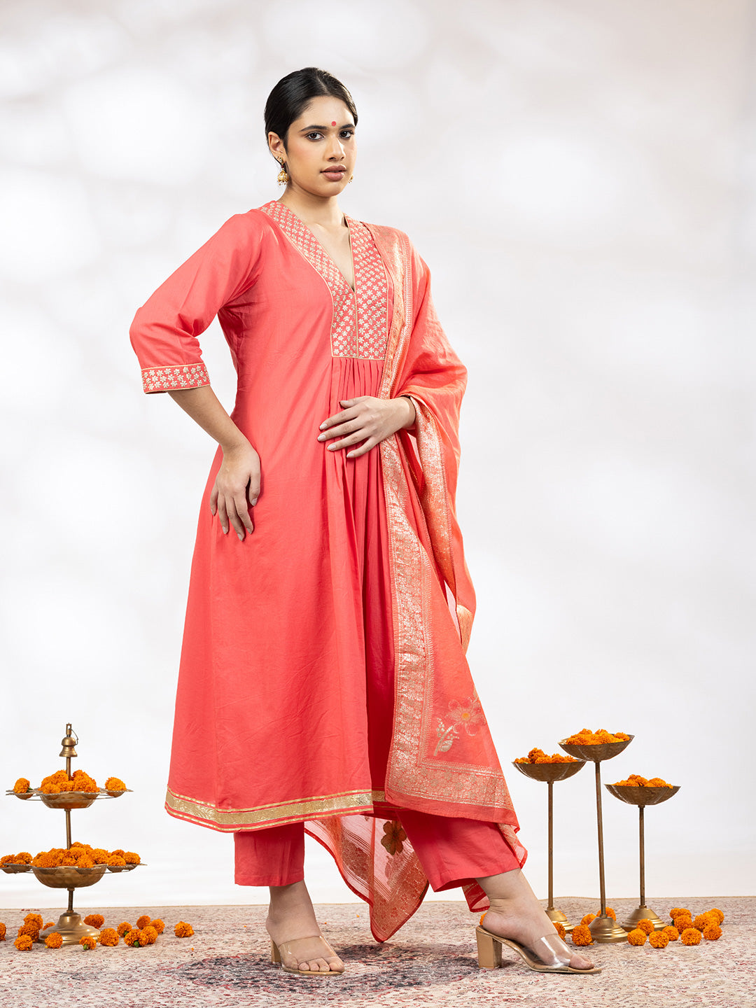 Utsav Women Peach Zari Embroidered Suit - Set of 3